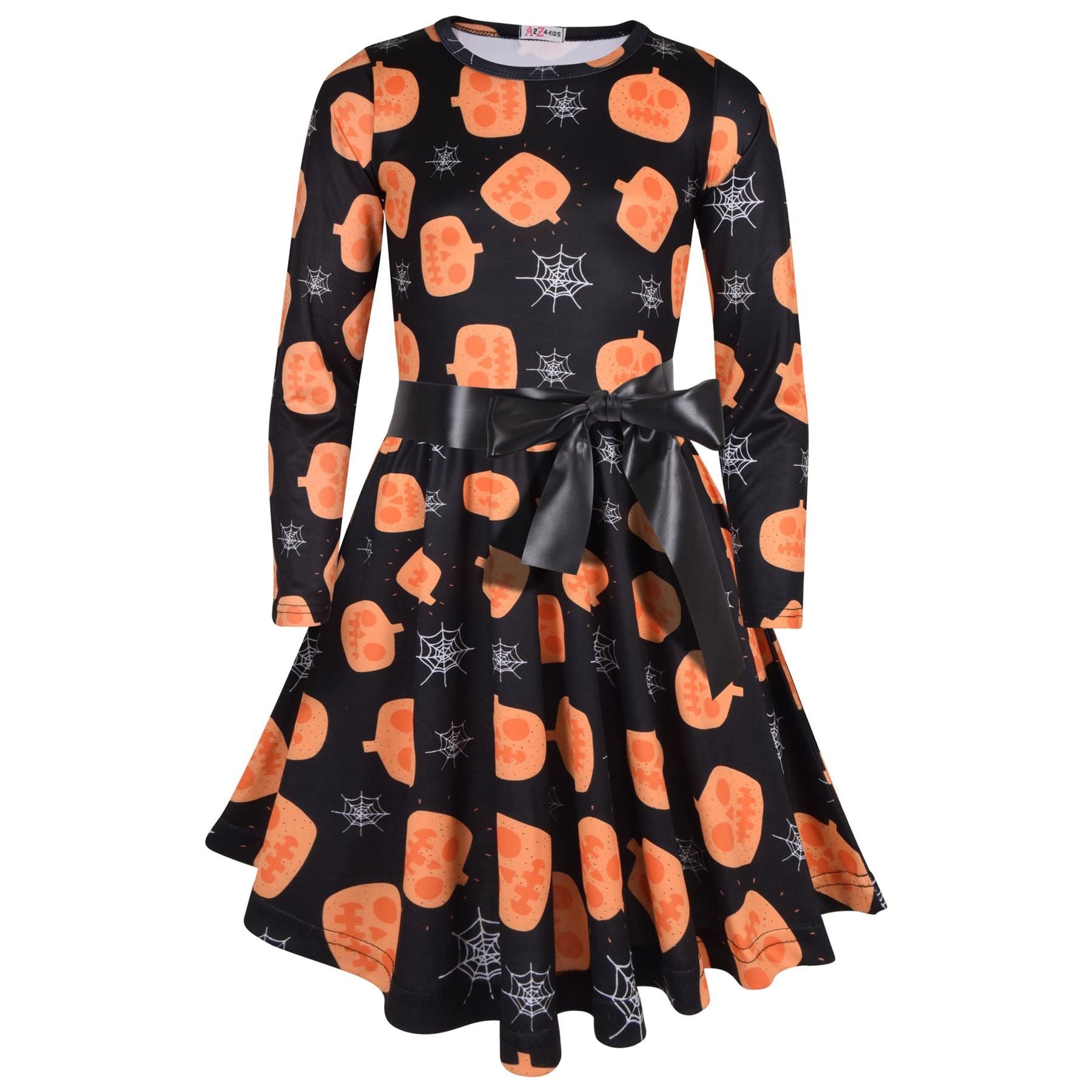 Girls Long Sleeves Pumpkins & Spider Web Print Halloween Skater Dress