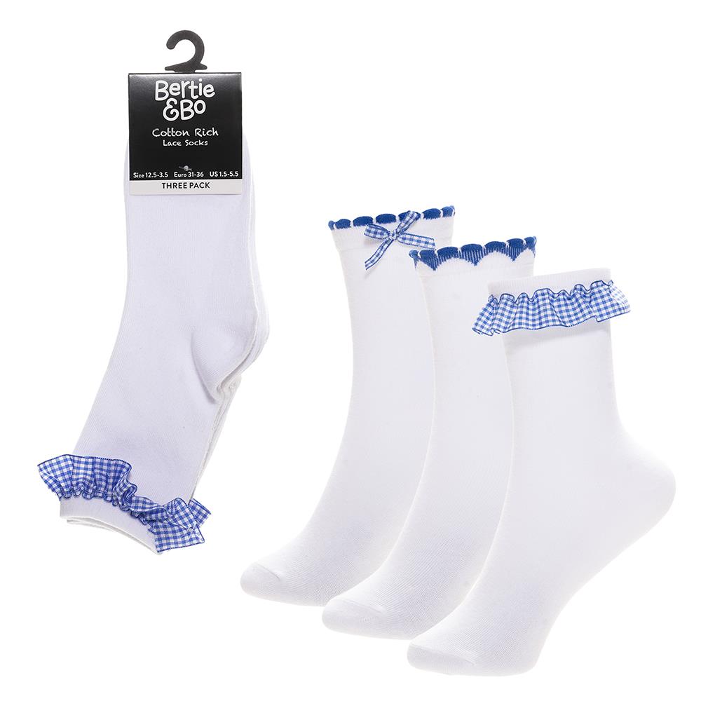 A2Z 4 Kids Girls 3 Pack Gingham Lace Trim Frill & Bow School Ankle Socks