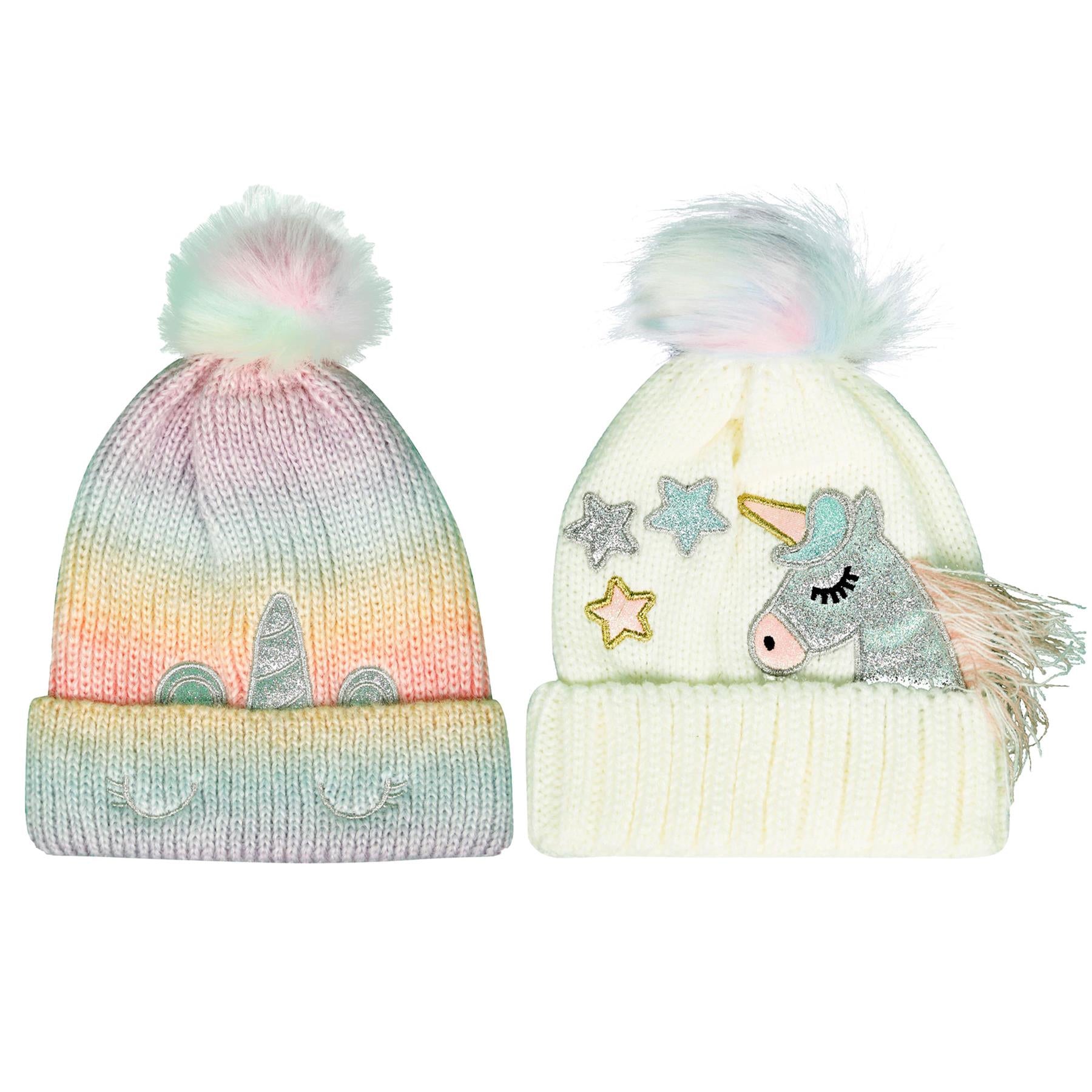 Kids Girls 2 Pack Cable Knit Hat Unicorn Bobble Beanie Pom Pom Warm Winter Hat