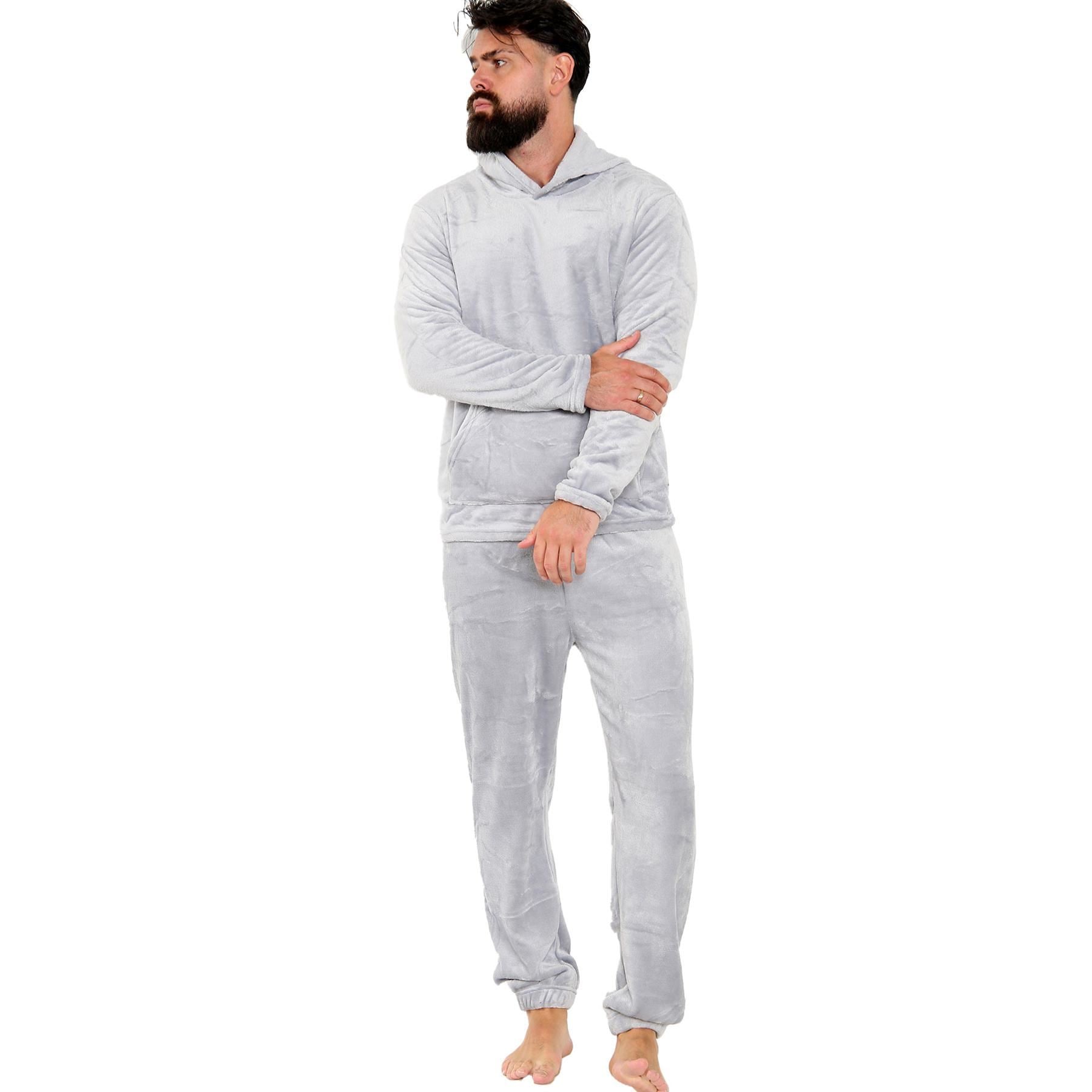 Mens Pyjamas Set Long Sleeve Hooded Plain Soft Fleece Pyjamas Set