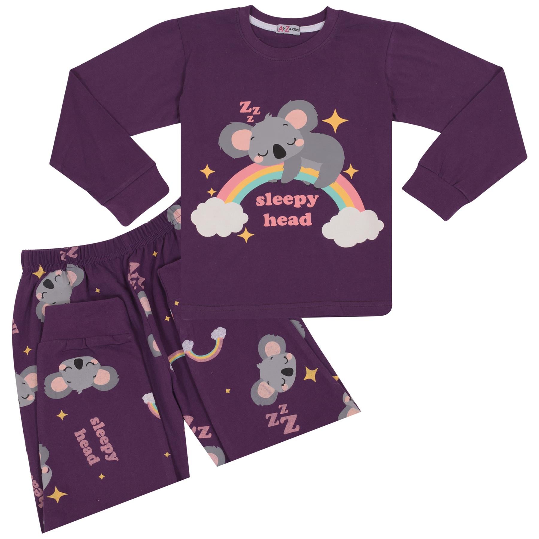 Kids Girls Pyjamas Rainbow & Koala Print Purple Lounge Suit Set