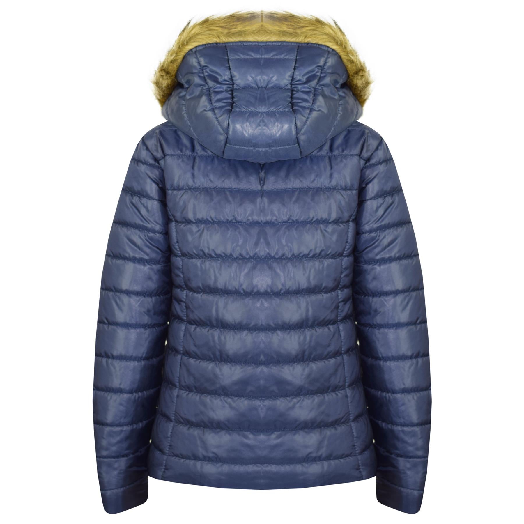 Kids Girls Jackets Navy Puffer Padded Quilted Detachable Hood Faux Fur Top Coats