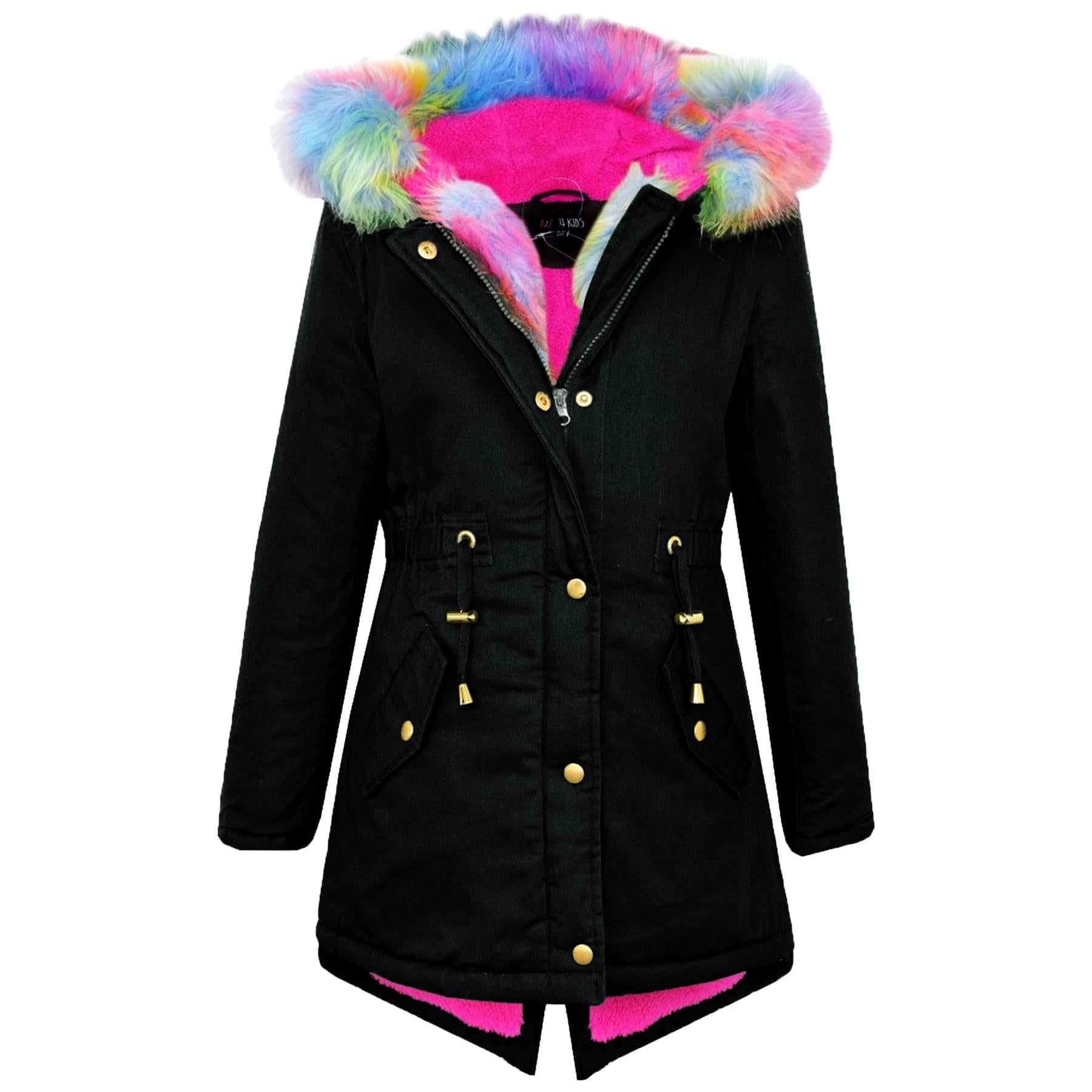 Kids Girls Hooded Jacket Rainbow Faux Fur Parka School Jackets Outerwear