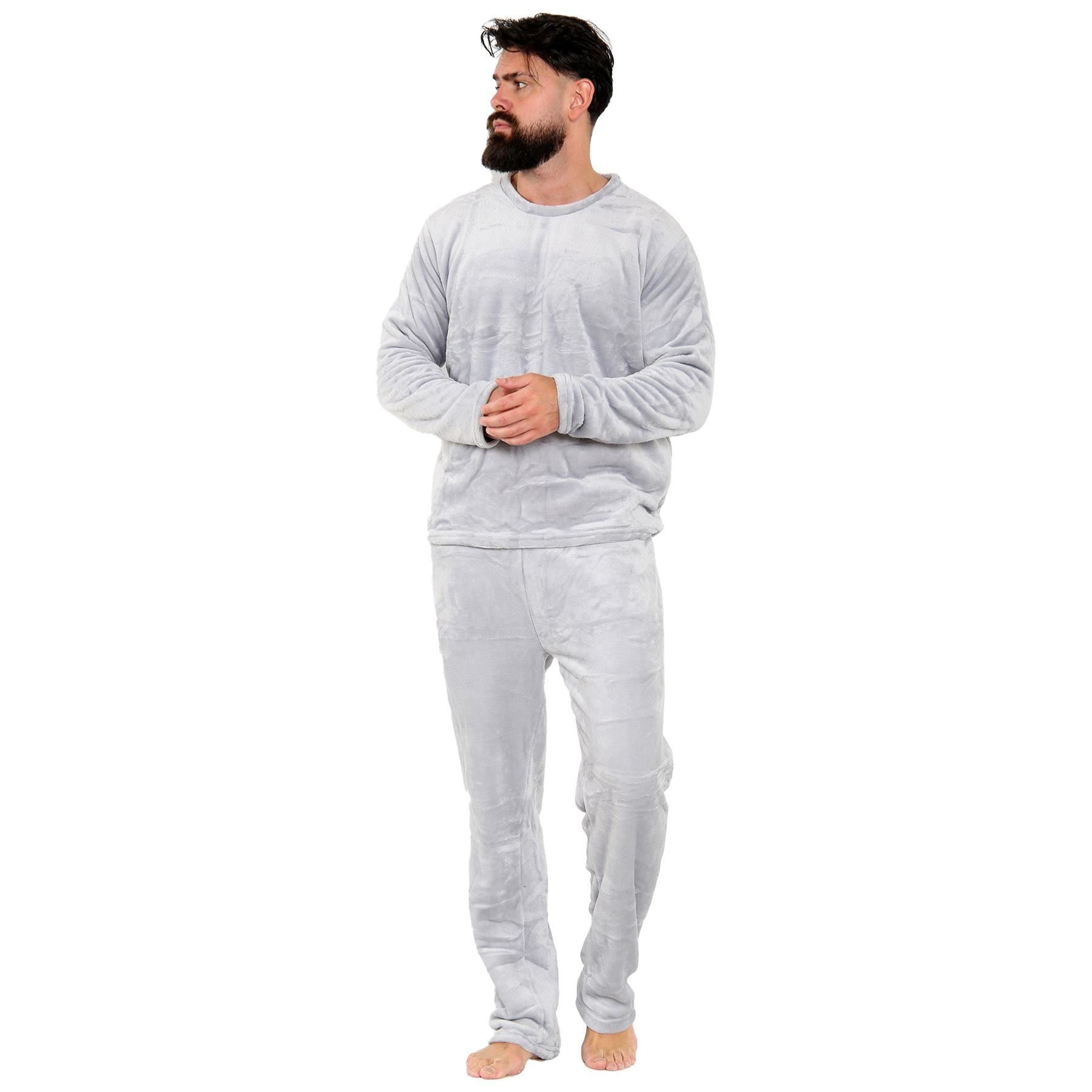 Mens Pyjamas Set Long Sleeve Crew Neck Plain Soft Fleece Pyjamas Set