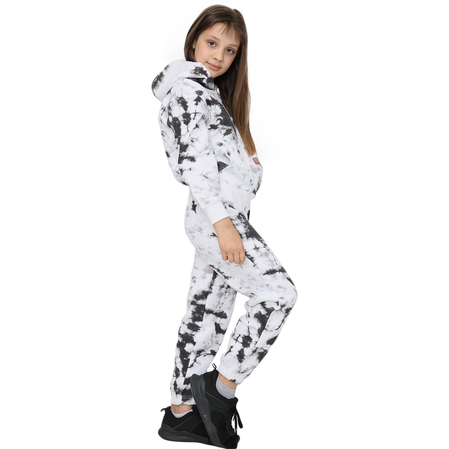 Girls Tie Dye Balck Print Hooded Tracksuit