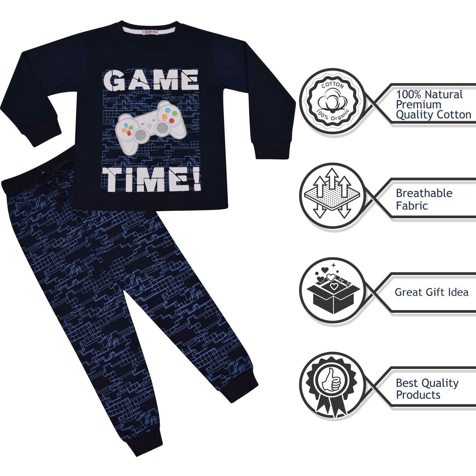 Kids Girls Boys Pyjamas Game Time Contrast Top Bottom 2 Piece PJS Sleepwear Set