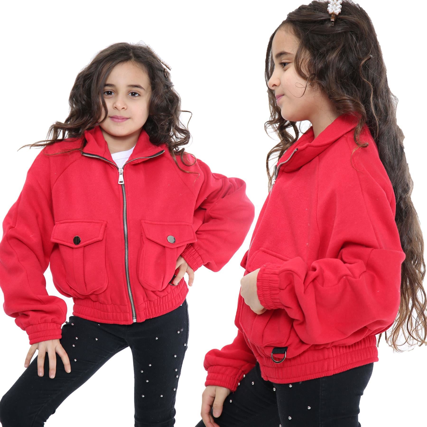 Kids Girls Plain Zip Up Cropped Red Jackets Utility Pockets Fleece Coats 7-13 Yr