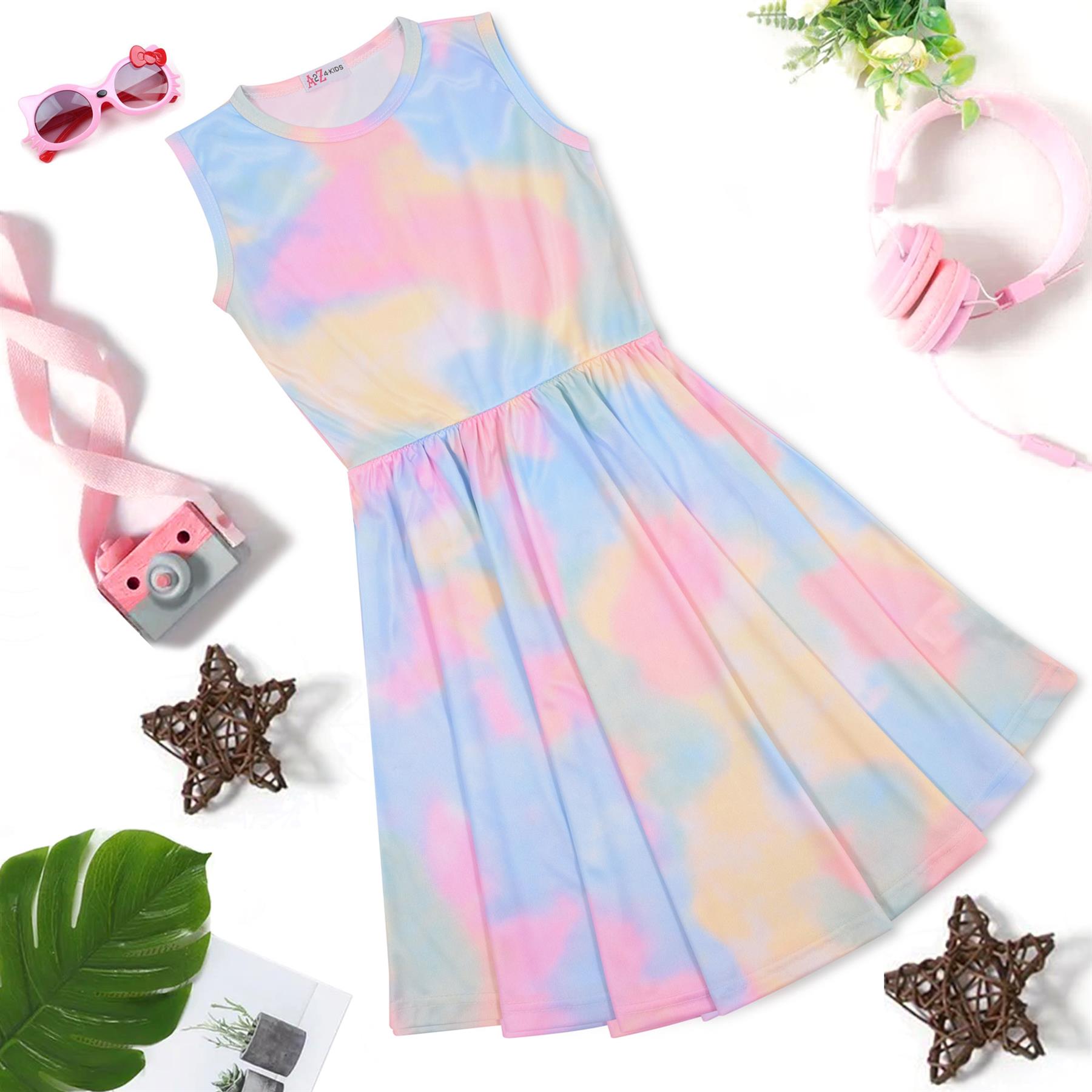 Girls Sleeveless Tie Dye Print Skater Dress