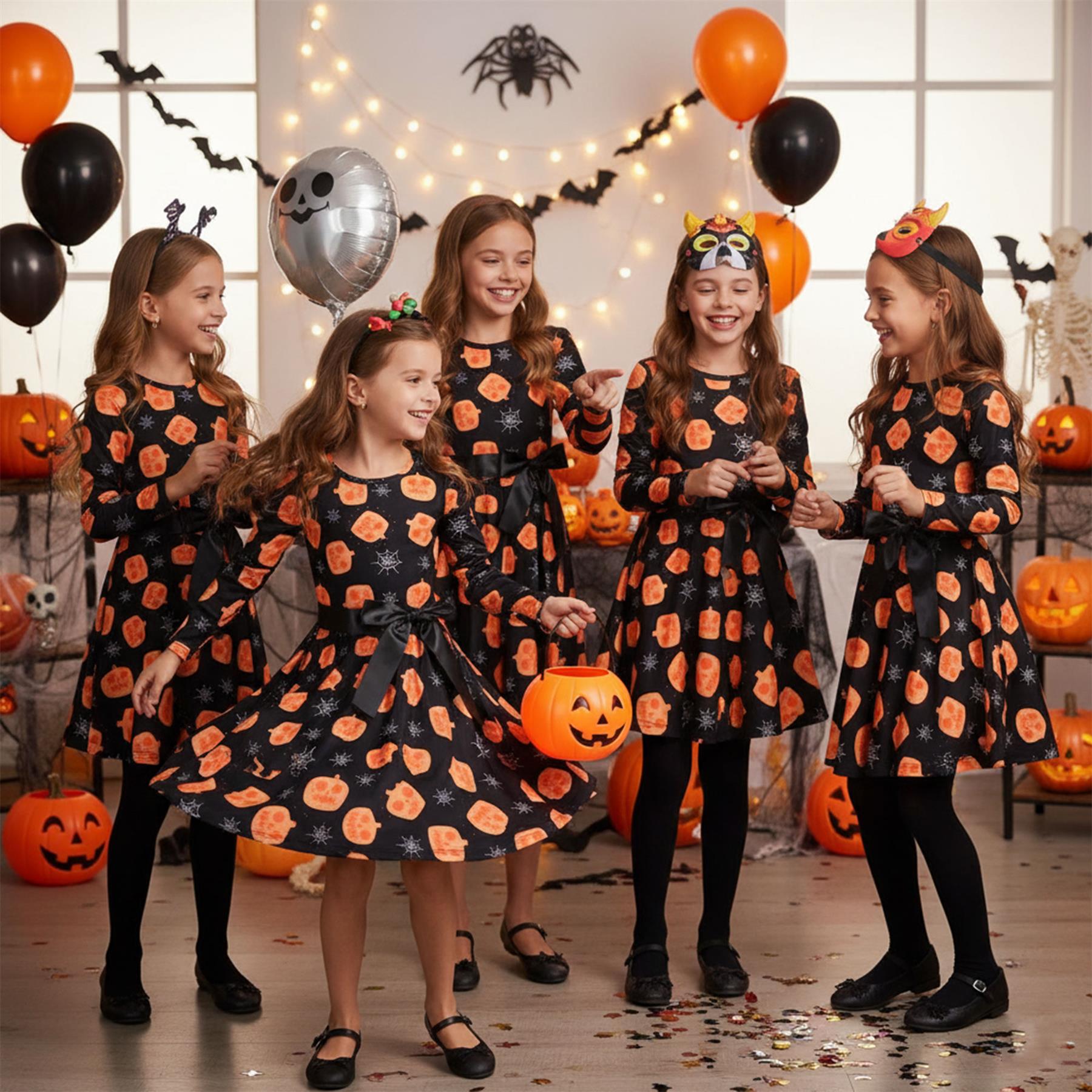 Girls Long Sleeves Pumpkins & Spider Web Print Halloween Skater Dress