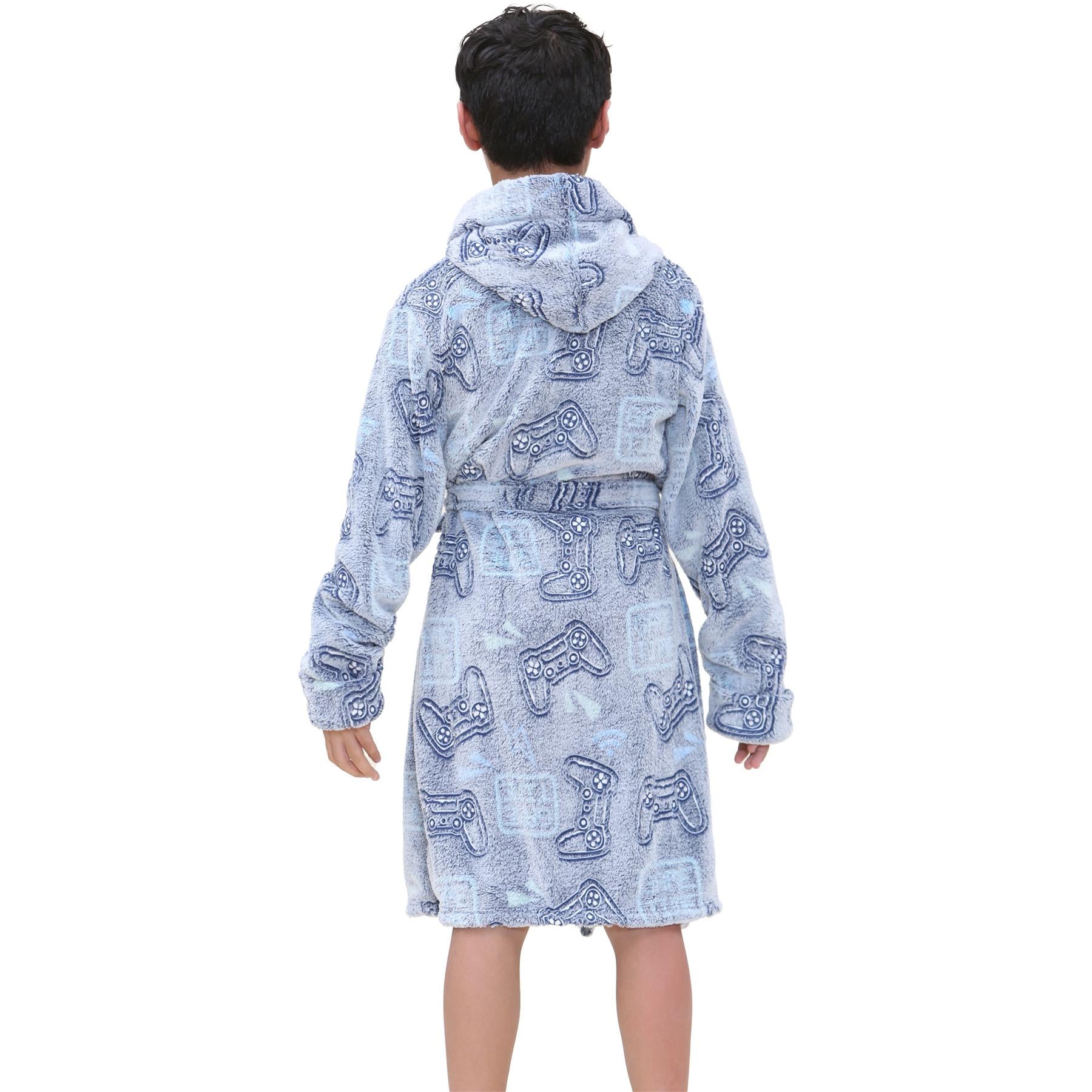 Kids Girls Boys Game Controllers Print Glow In The Dark Soft Navy Hooded Robe