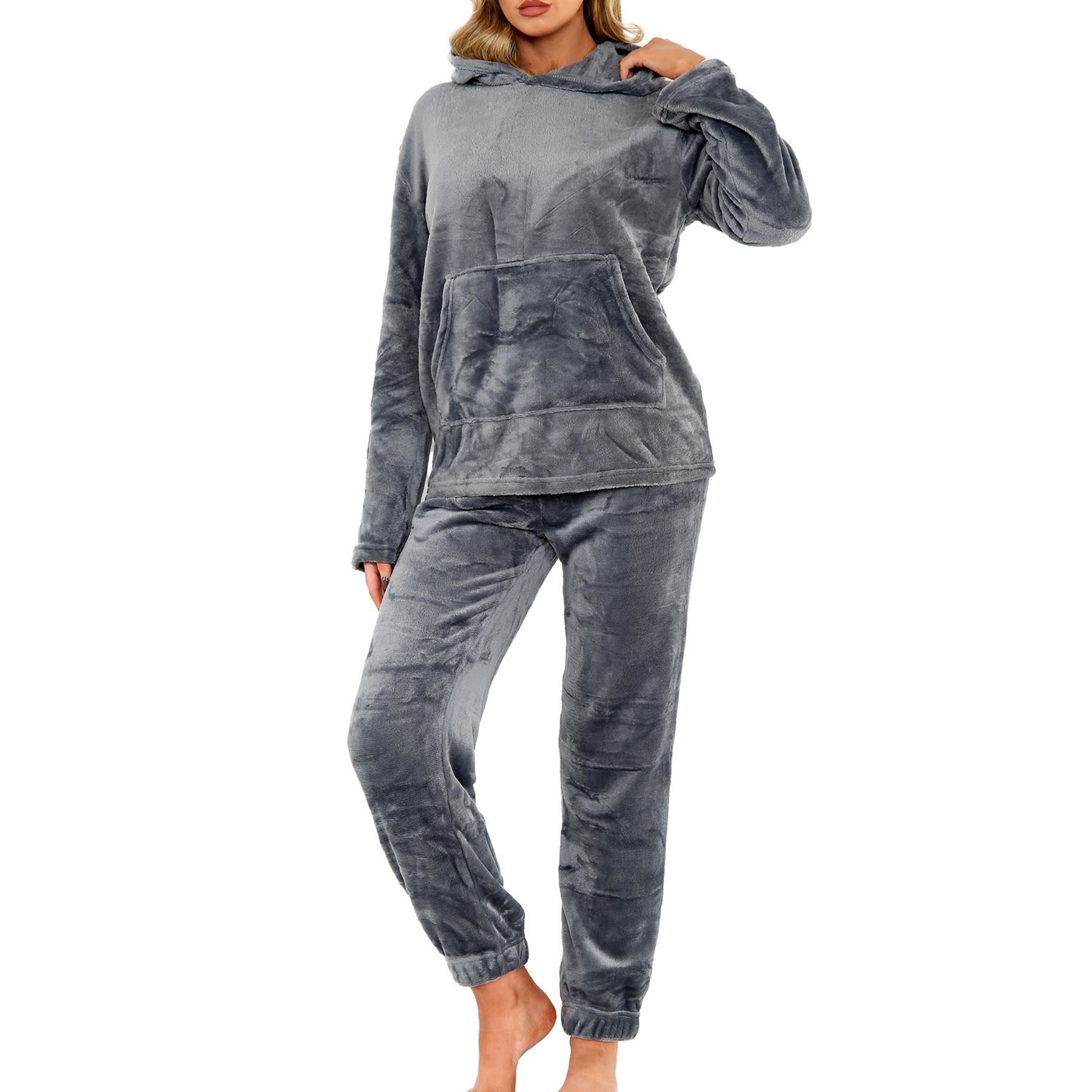 Ladies Pyjamas Set Long Sleeve Hooded Plain Soft Fleece Pyjamas Set