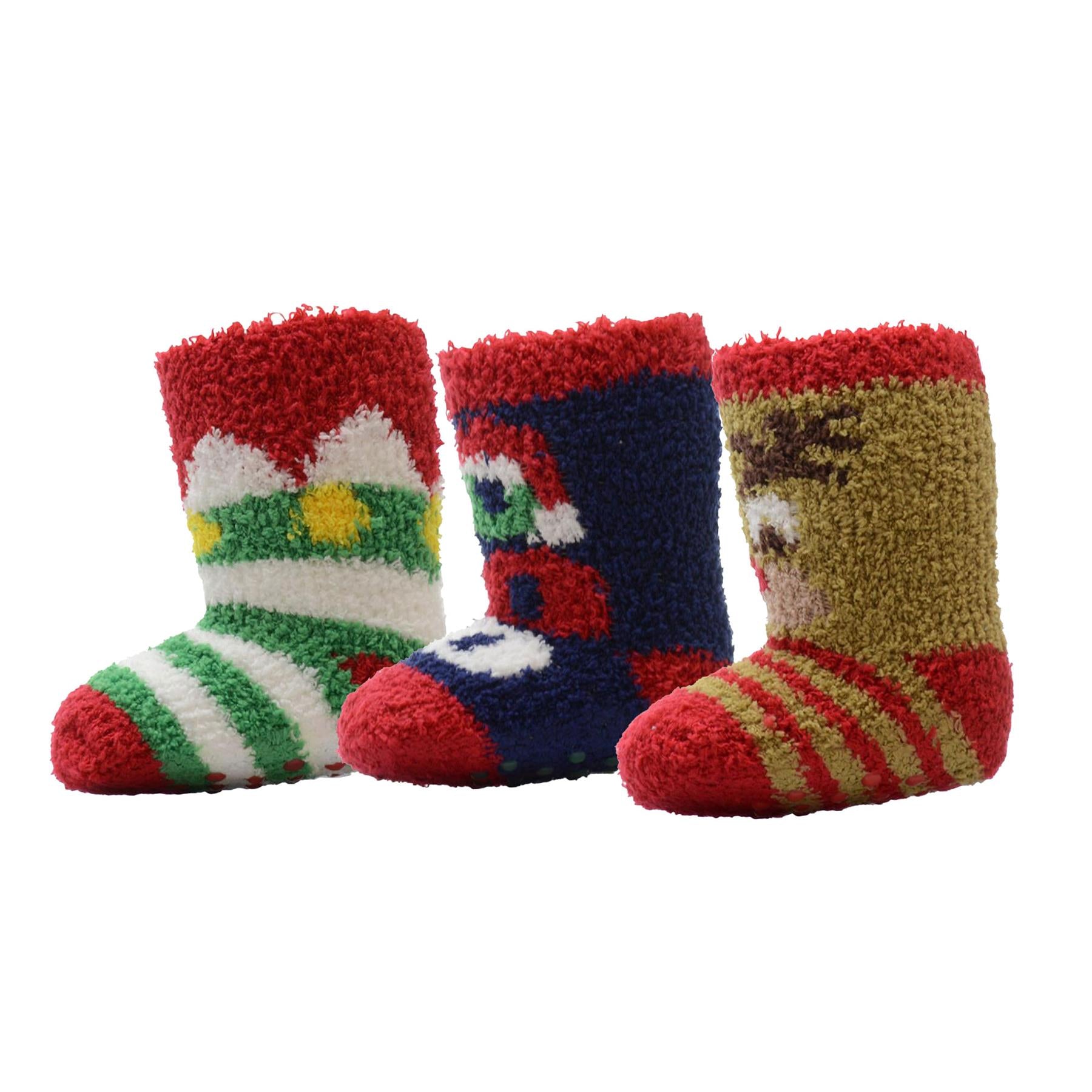 Babies 3 Pack Christmas Pram Socks Newborn Fluffy Bed Slipper Sock Gripper