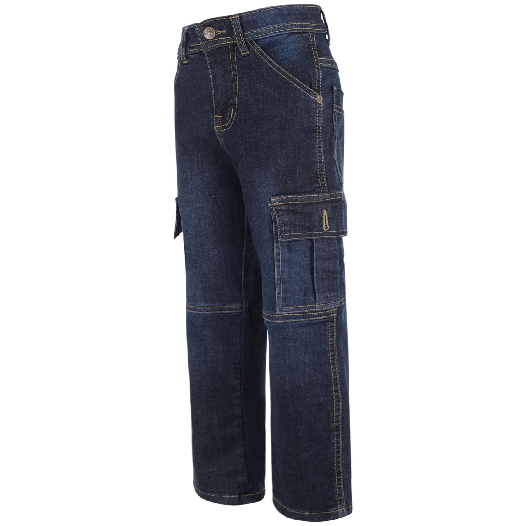 Kids Boys Cargo Denim Pant Dark Blue 6 Pocket Denim Jeans Stretchy Comfort Pant