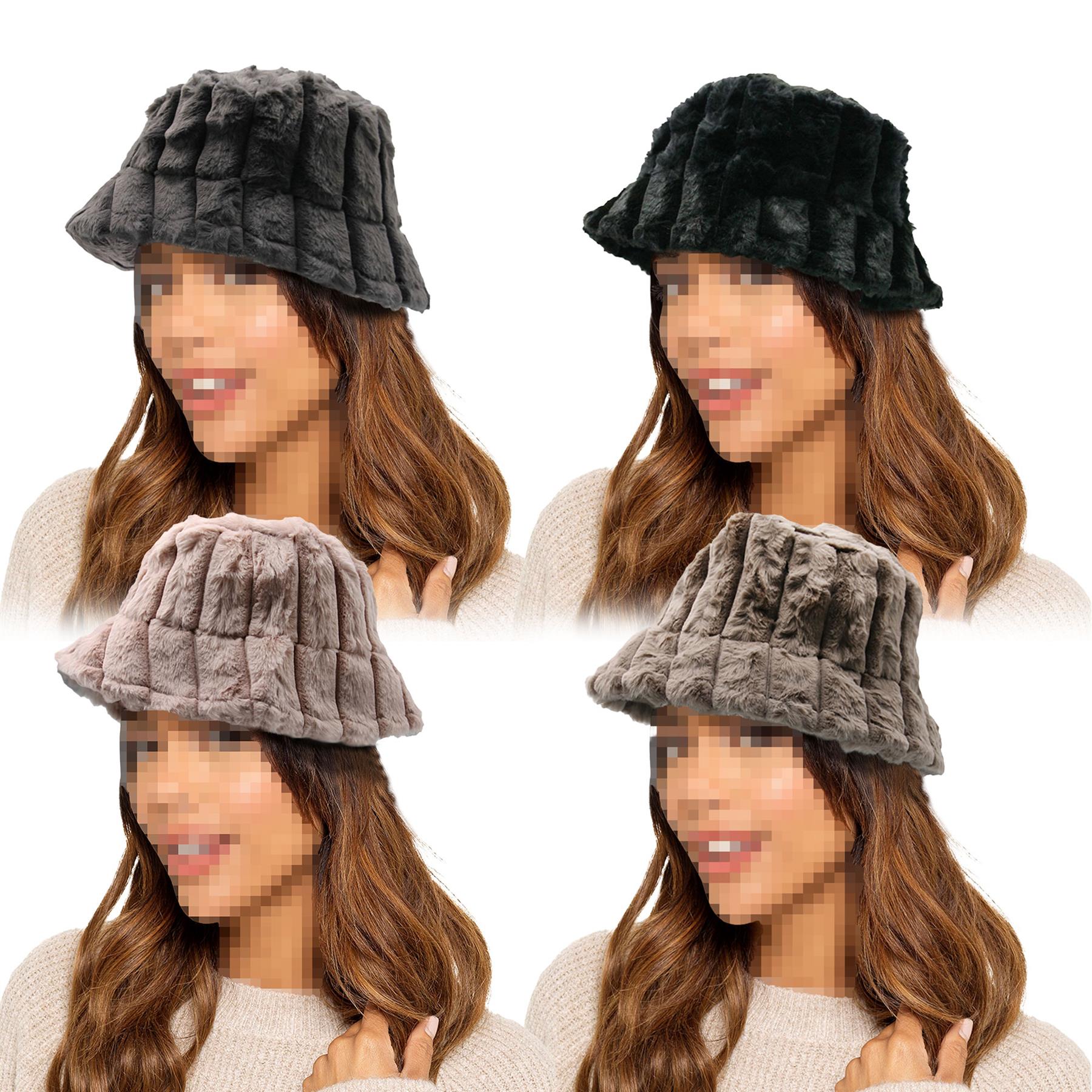 Ladies Bucket Hats Winter Warm Fluffy Stripe Faux Fur Soft Plush Fisherman Cap