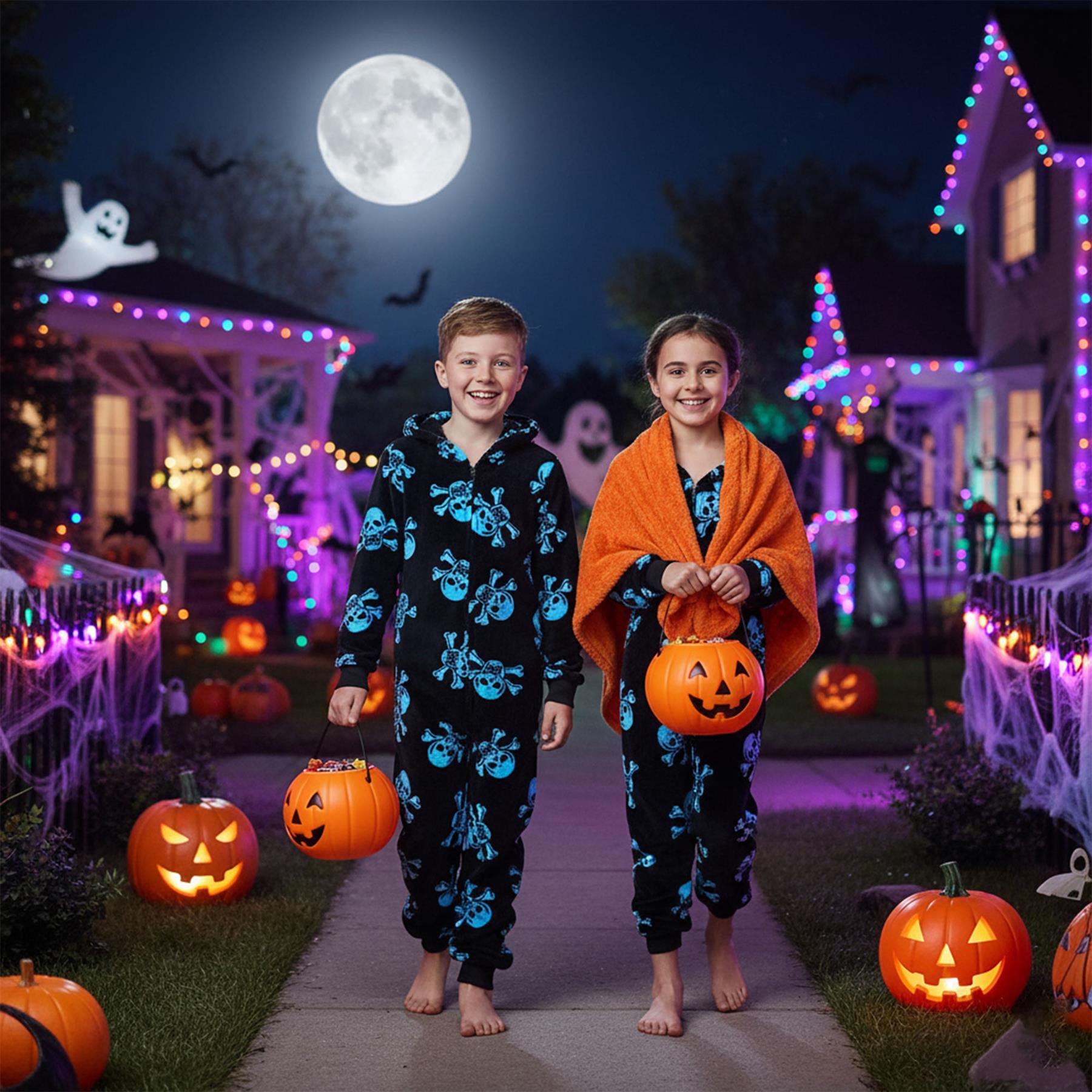 Kids Fun Halloween Skull Bones Print Onesie Pyjama Sets For Girls Boys Jumpsuit