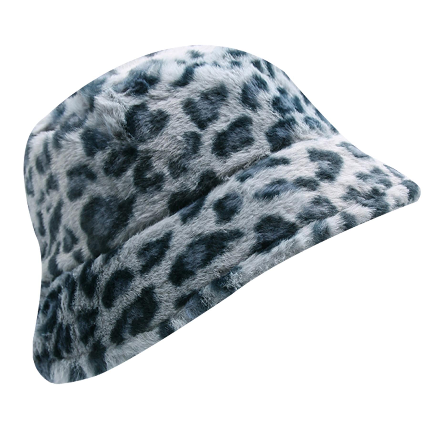 Ladies Bucket Hats Winter Warm Fluffy Leopard Faux Fur Soft Plush Fisherman Cap