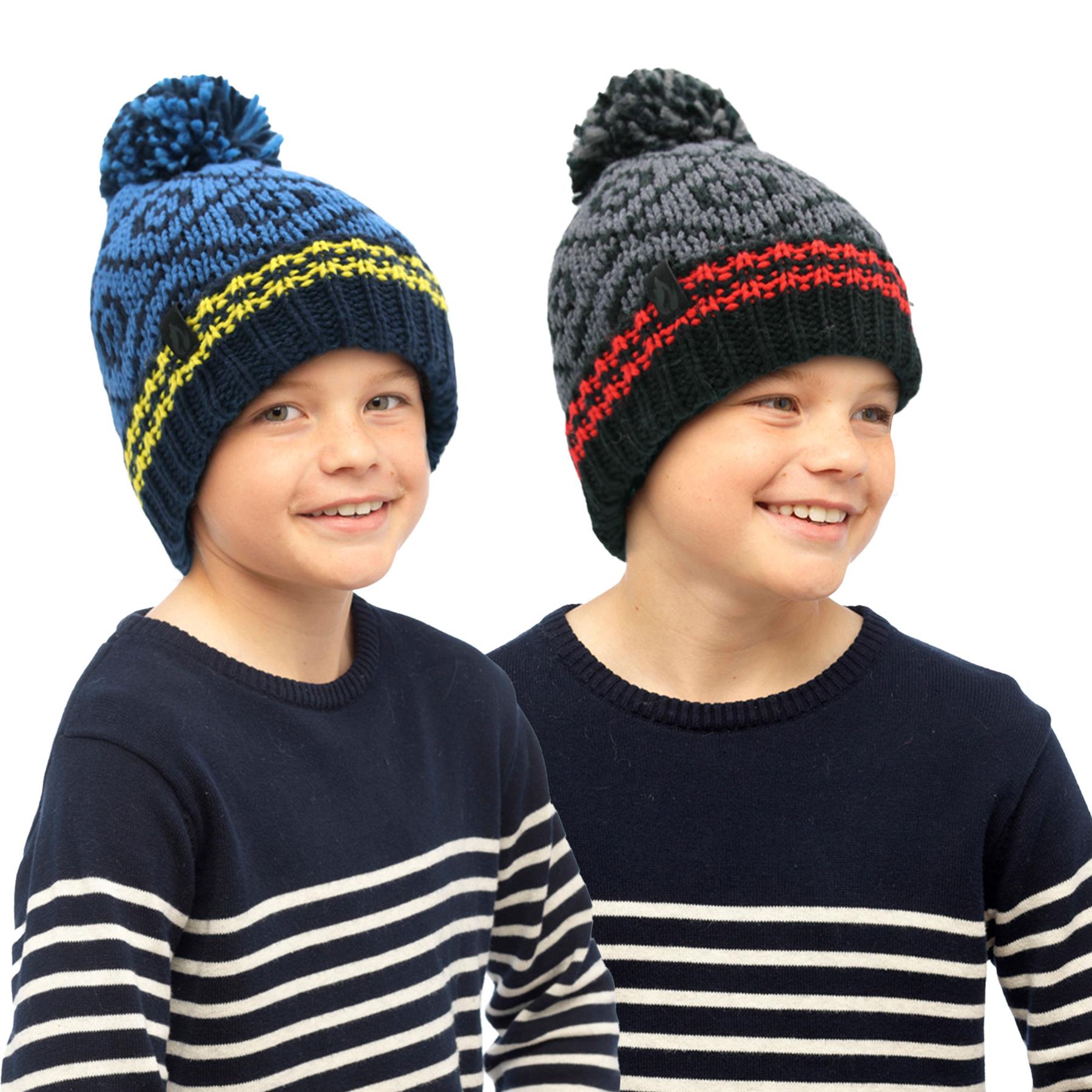 A2Z 4 Kids Boys Hat 2 Pack Nordic Stripe Bobble Knit Pom Pom Winter Warm Hats