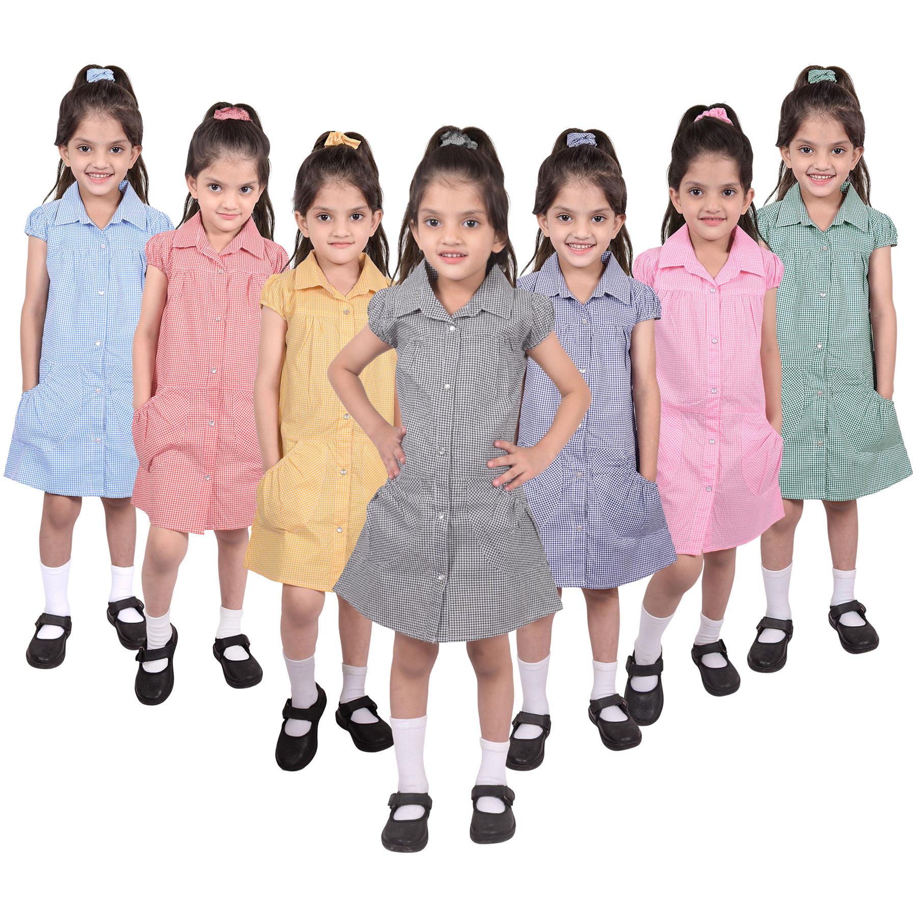 Girls Uniform School Dress Gingham Check Printed Dress With Matching Scrunchies