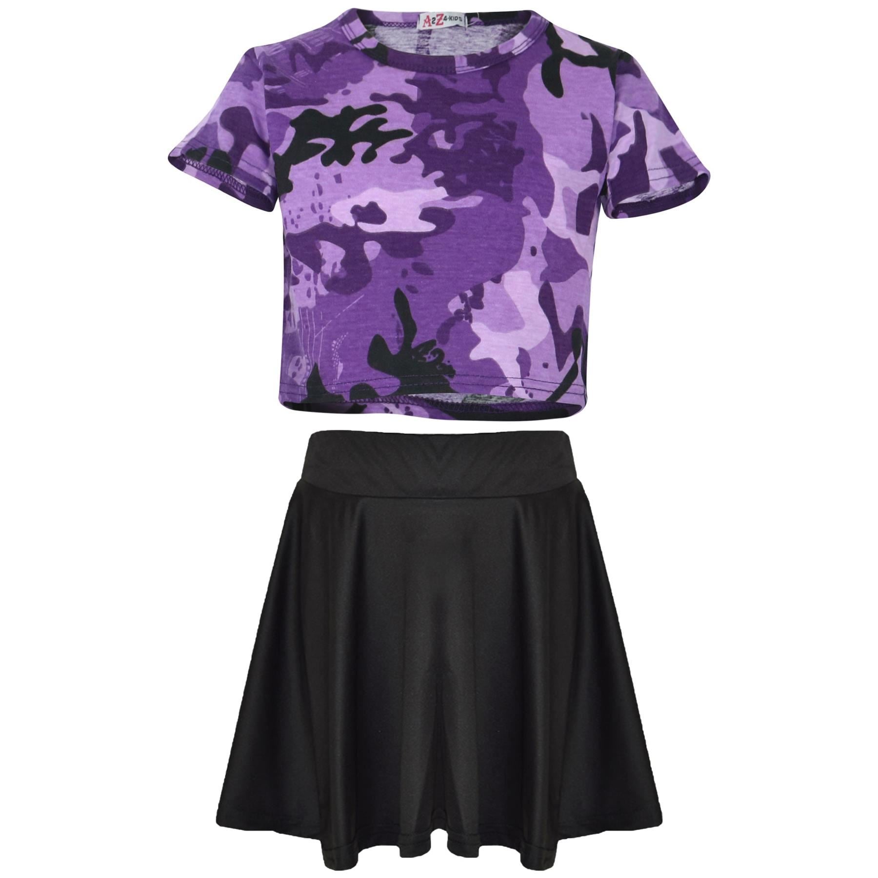 Kids Girls Camouflage Print Crop Top & Skater Skirt Summer Wear Outfit Set