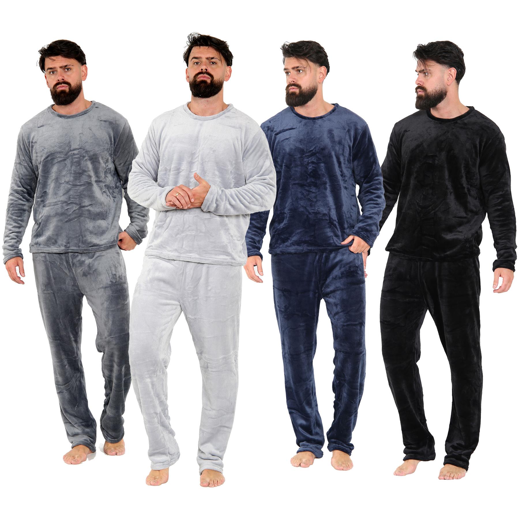 Mens Pyjamas Set Long Sleeve Crew Neck Plain Soft Fleece Pyjamas Set