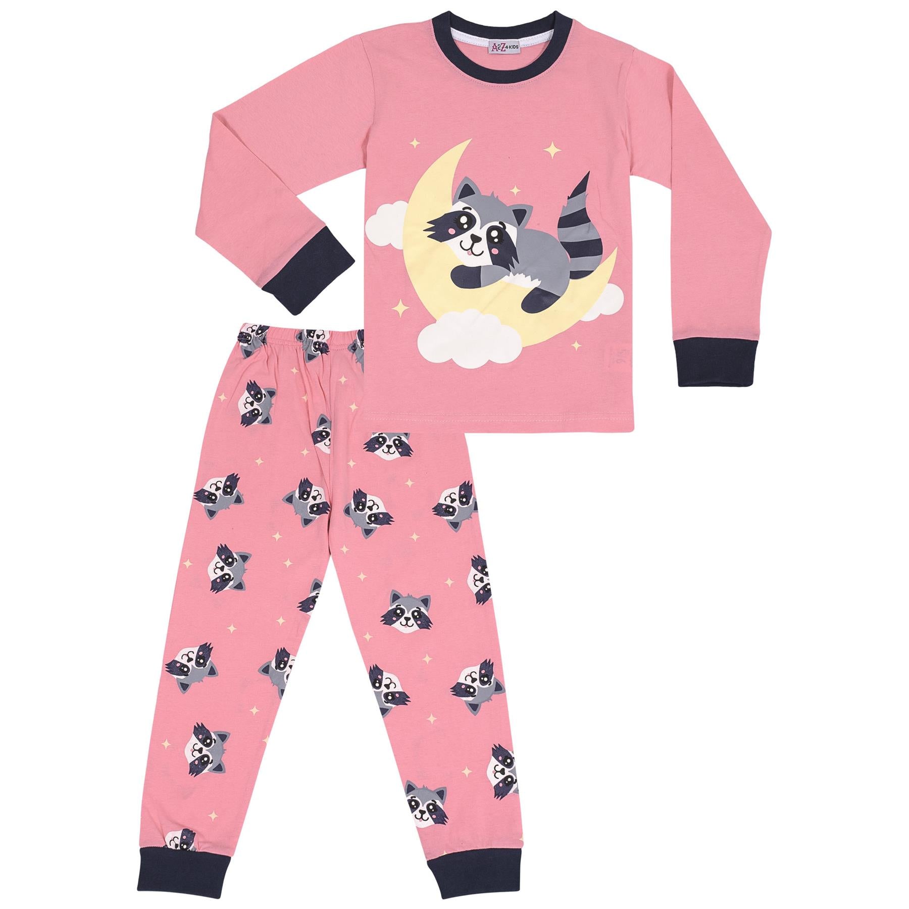 Kids Girls Pyjamas Moon & Raccoon Print Baby Pink Lounge Suit Set