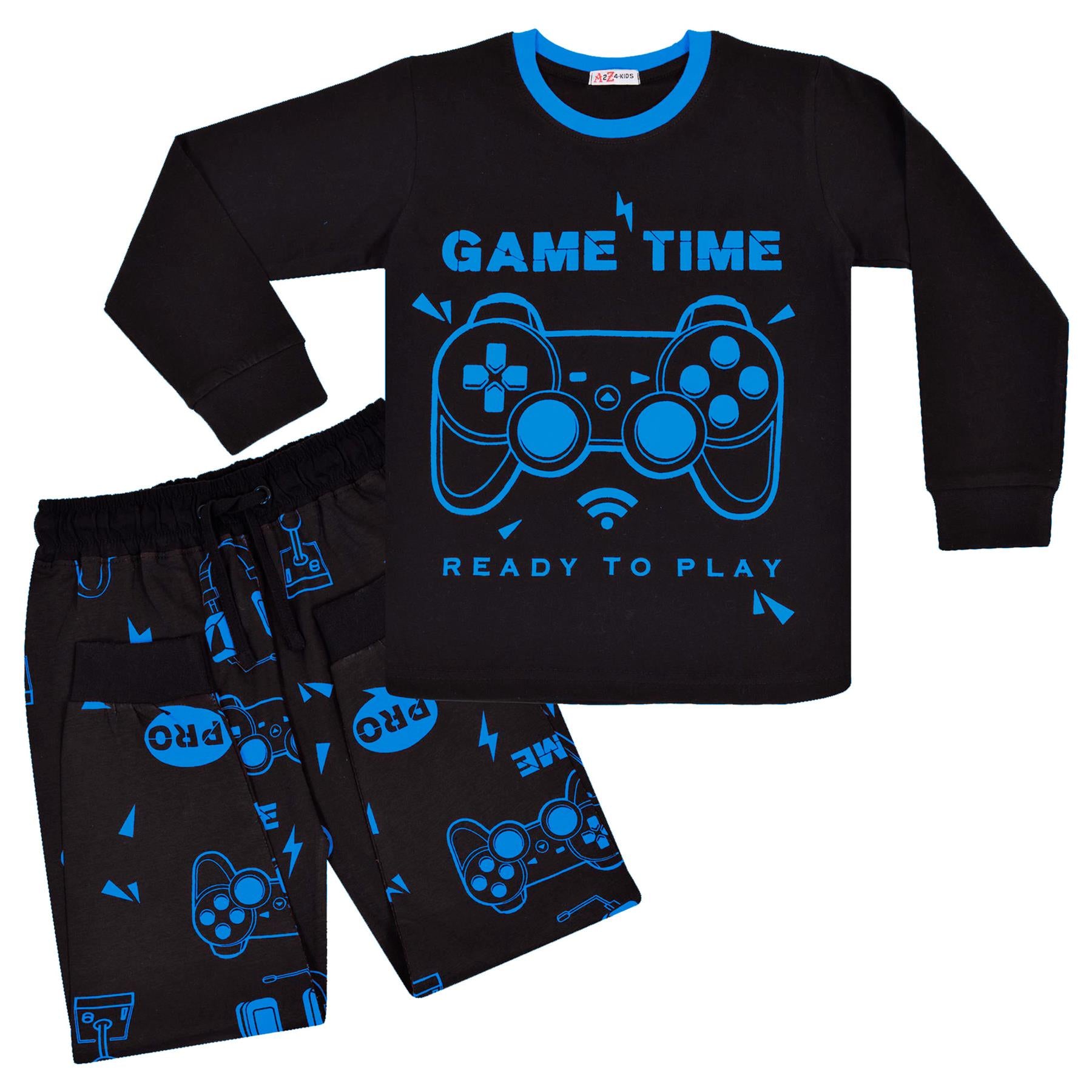 Kids Girls Boys Game Time Black Print Pyjamas Set