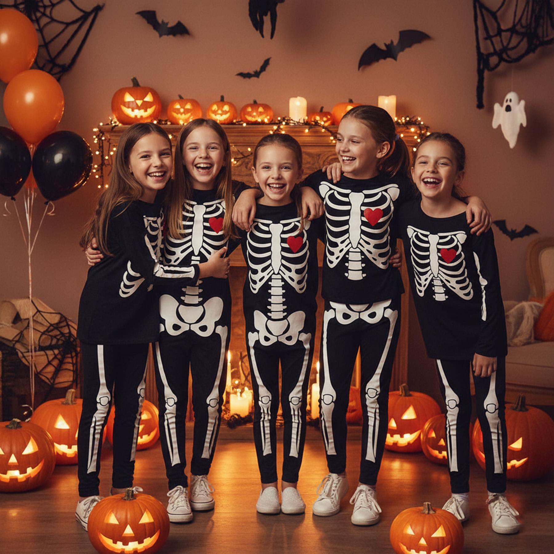 Kids Girls Skeleton Print Halloween Costume Set