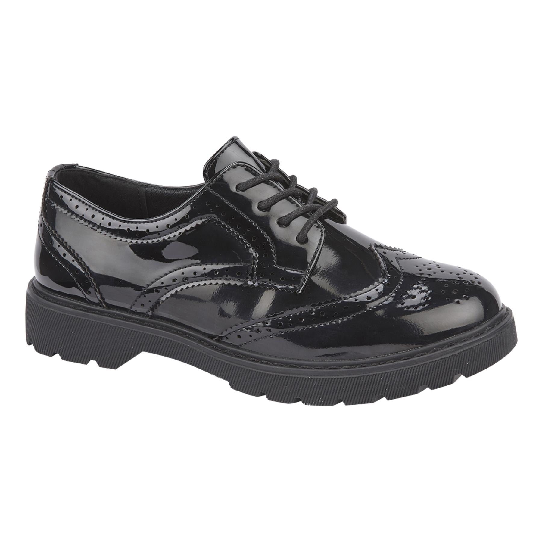 Kids Girls Teens School Shoes Faux Leather Brogue Black Patent Party Formal Shoe