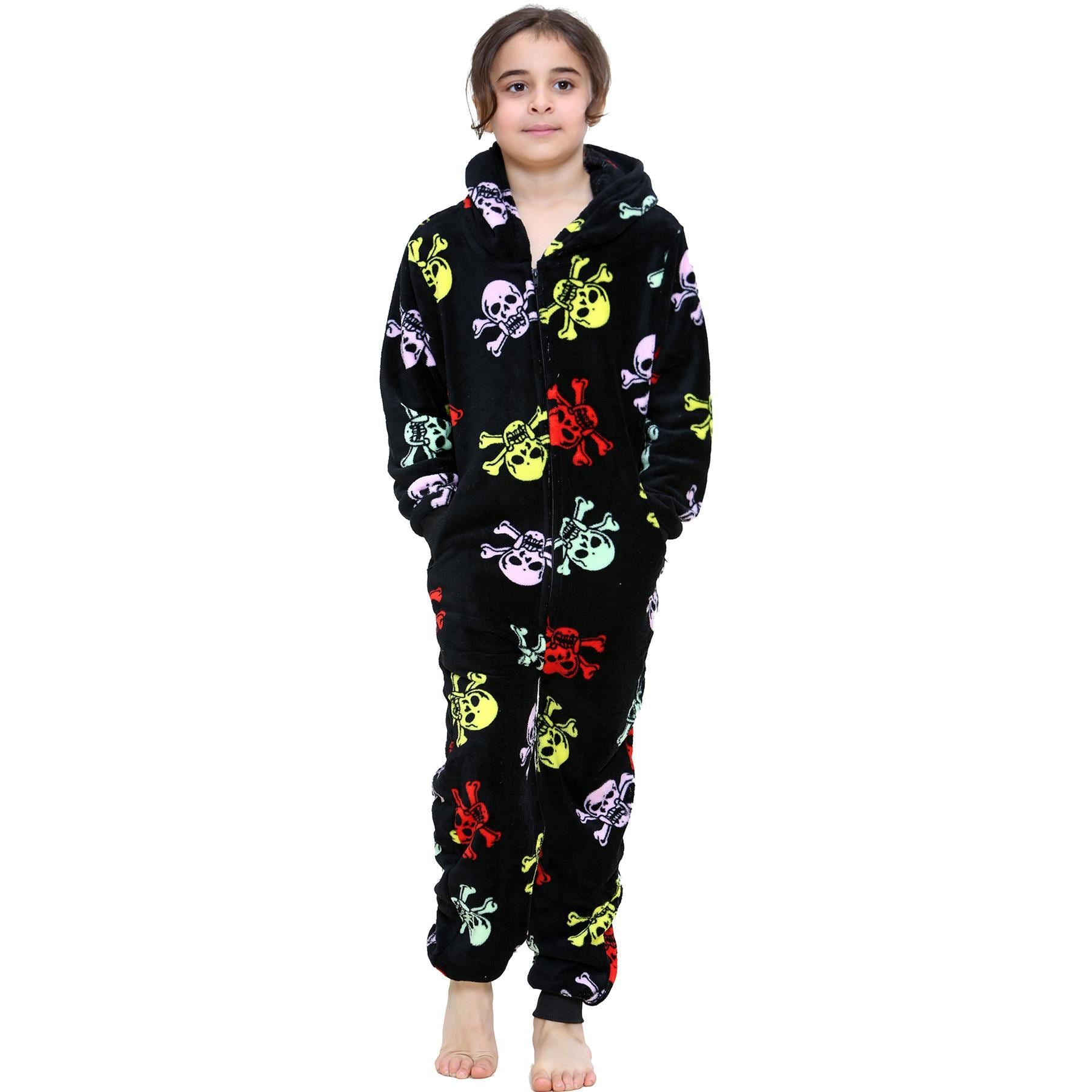 Kids Fun Halloween Skull Bones Print Onesie Pyjama Sets For Girls Boys Jumpsuit