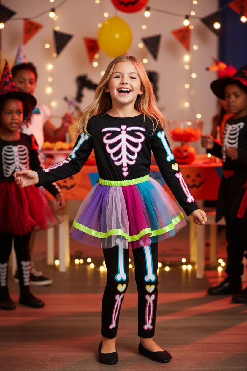 Kids Girls Skeleton Costume With Rainbow Tutu Halloween Parties Fancy Dress