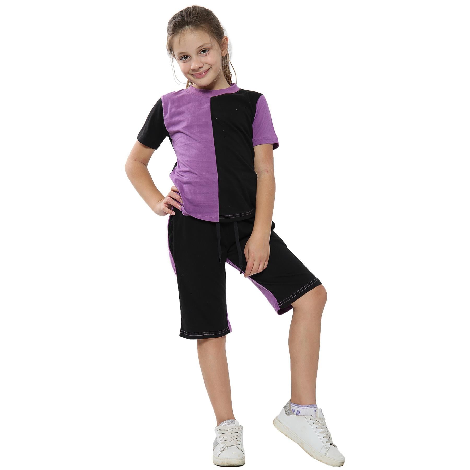 Kids Girls Colour Contrast Panel Top & Shorts Set