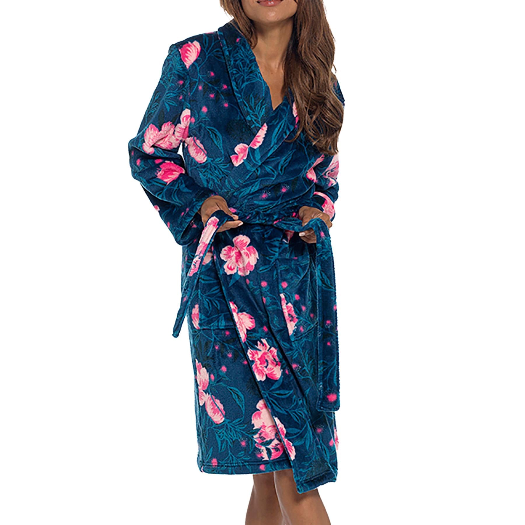 A2Z Ladies Shimmer fleece Floral Print knee Length Dressing Gown Changing Robe