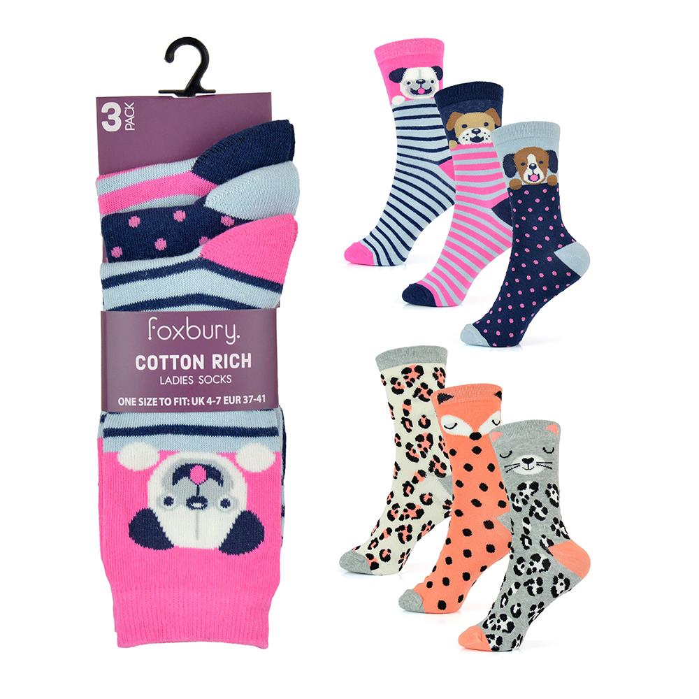 Ladies Leopard Dog Cat Designed Mid Calf Socks Pack of 6 Cotton Rich Striped Socks