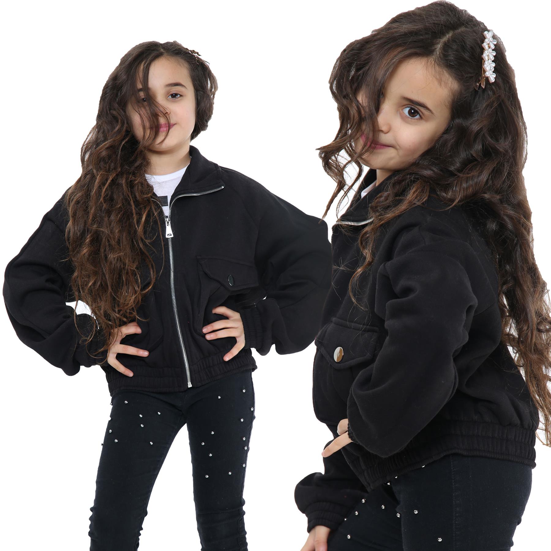 Kids Girls Plain Zip Up Cropped Jackets Utility Pockets Fleece Collared Coats