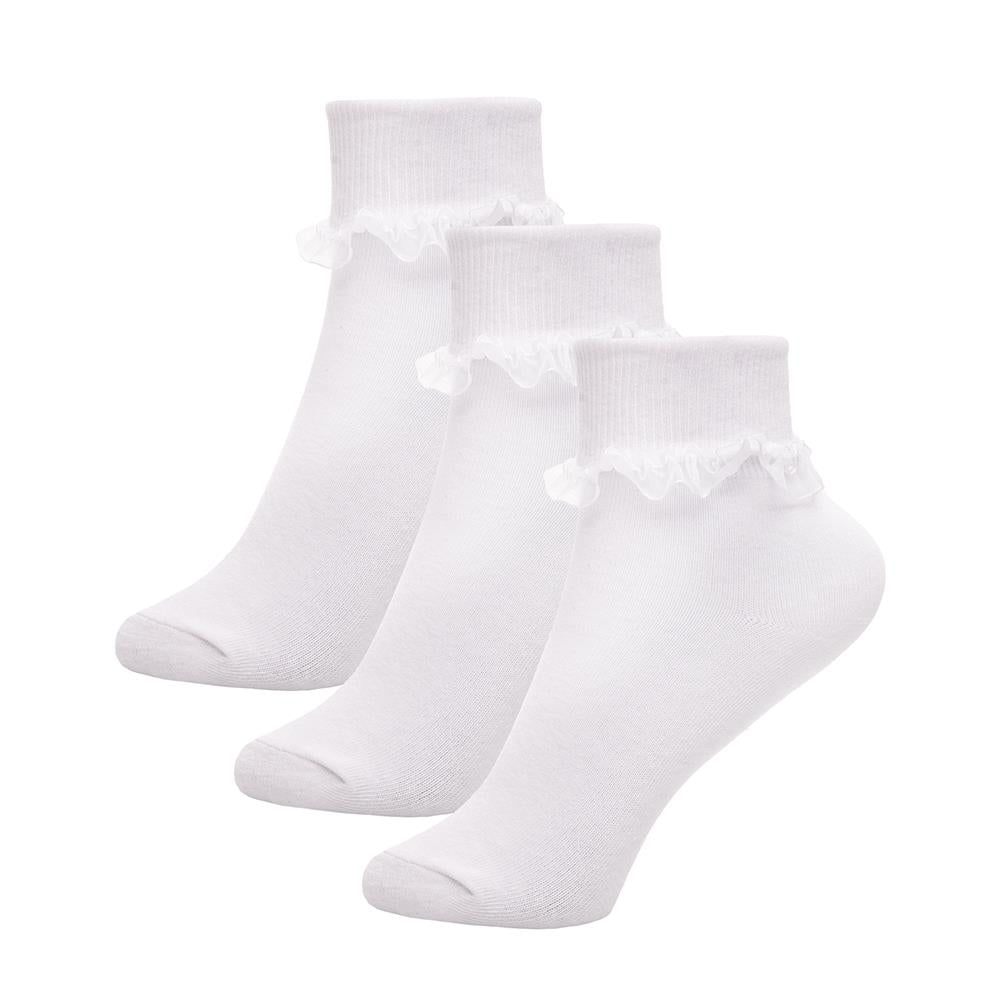 Kids Girls 3 Pack Frilly Lace Ankle Cotton Socks School Party Lace Trim Socks