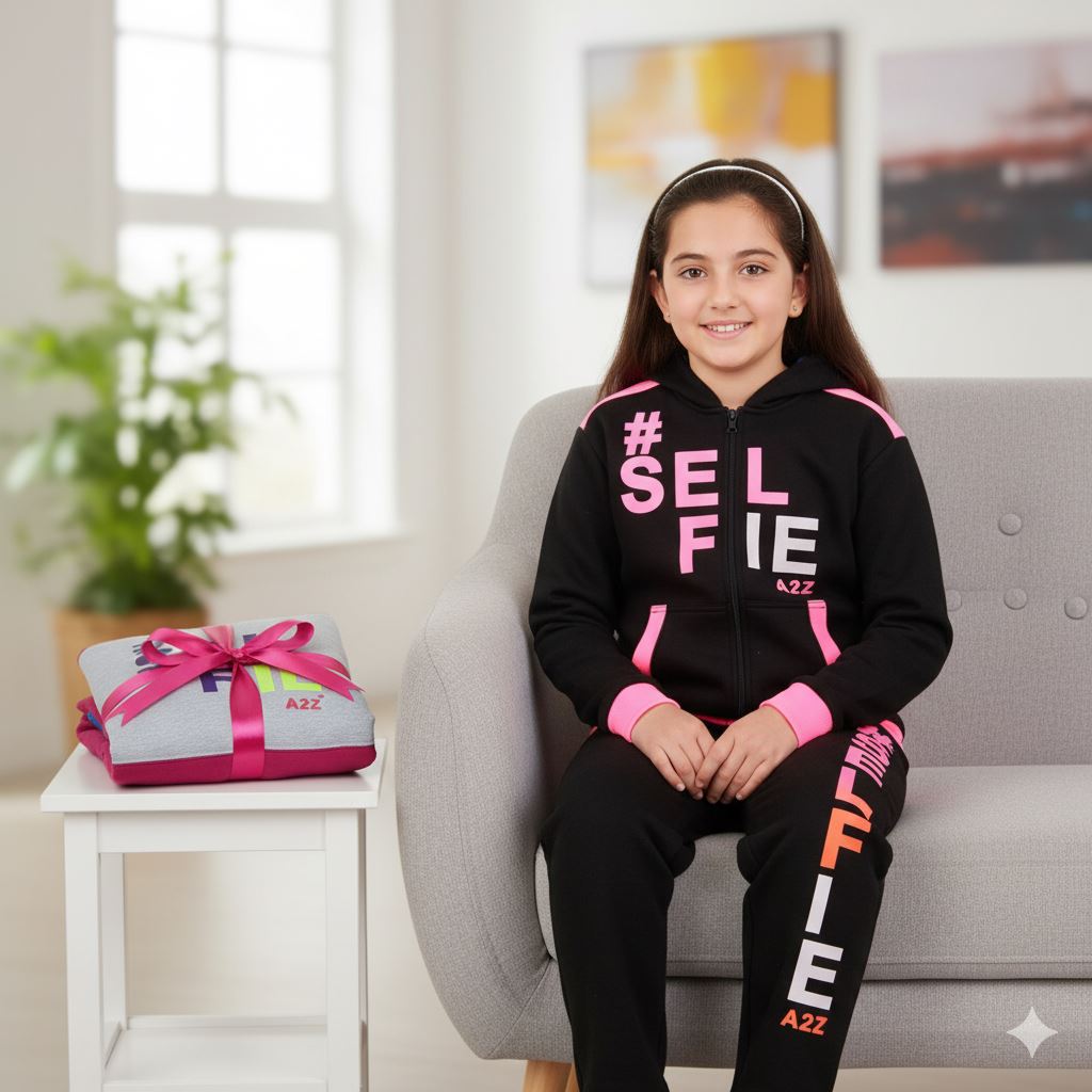 A2Z 4 Kids Girls Boys #SELFIE Tracksuit Hoodie & Joggers Outfit Set Top Bottom