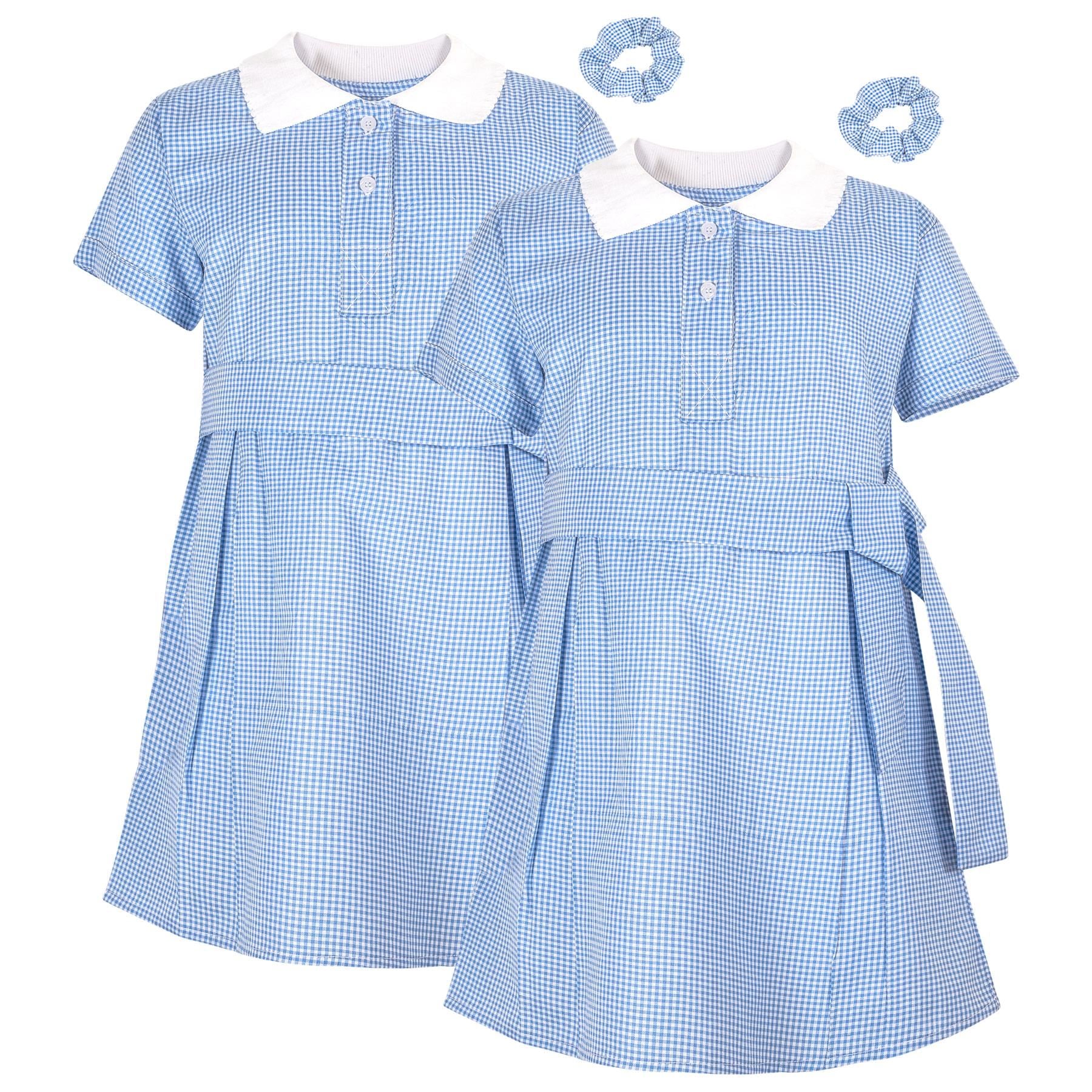 Girls 2 Pack Gingham School Dress Check Belted Dresses With Matching Scrunchies