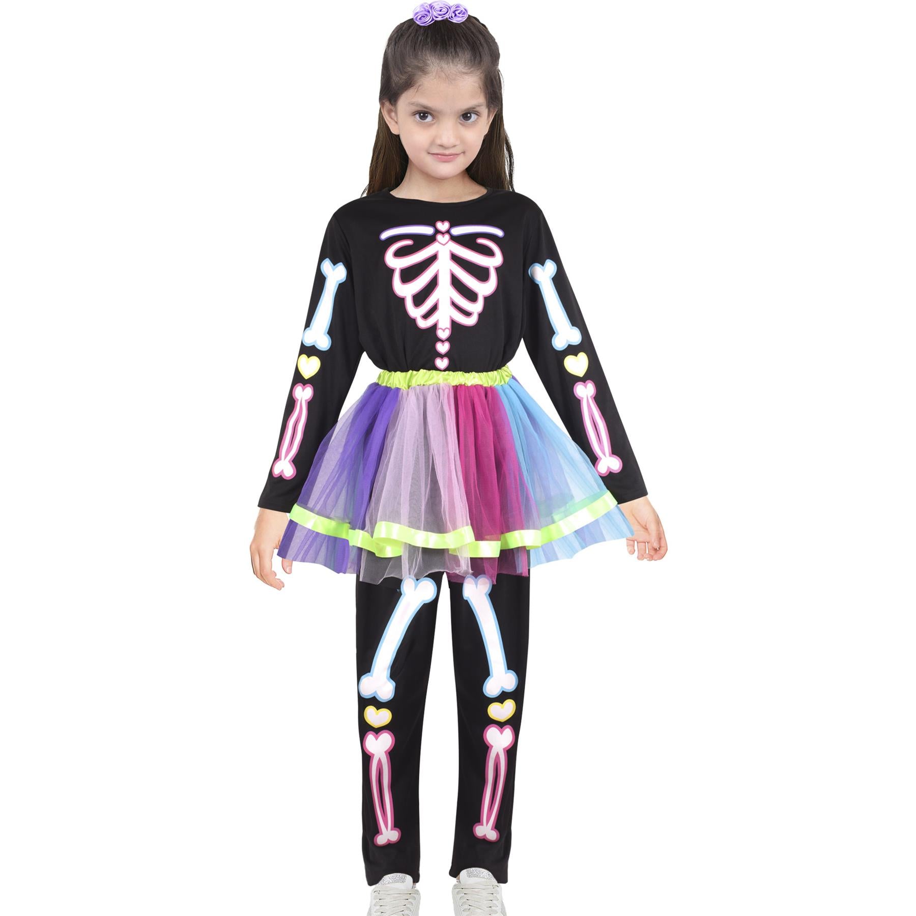 Kids Girls Skeleton Costume With Rainbow Tutu Halloween Parties Fancy Dress