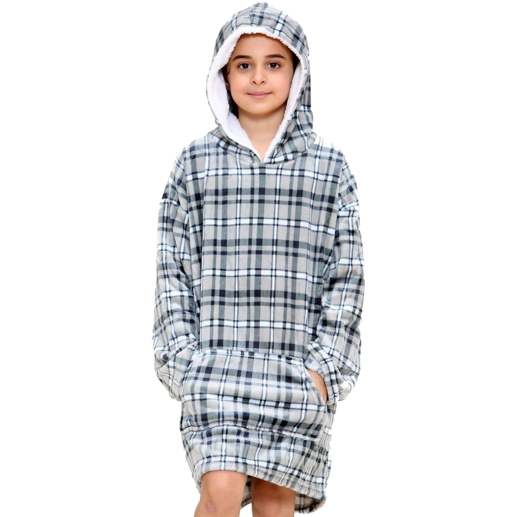 Kids Oversized Hoodie Blue Tartan Printed Snuggle Soft World Book Day Blanket