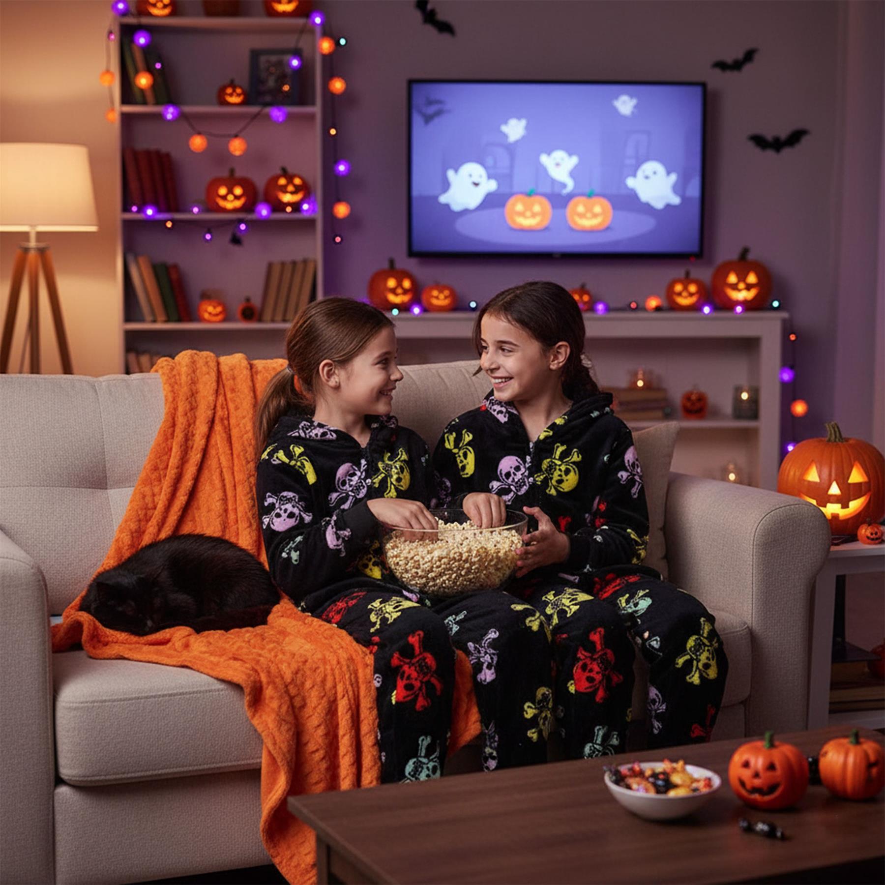 Kids Fun Halloween Skull Bones Print Onesie Pyjama Sets For Girls Boys Jumpsuit