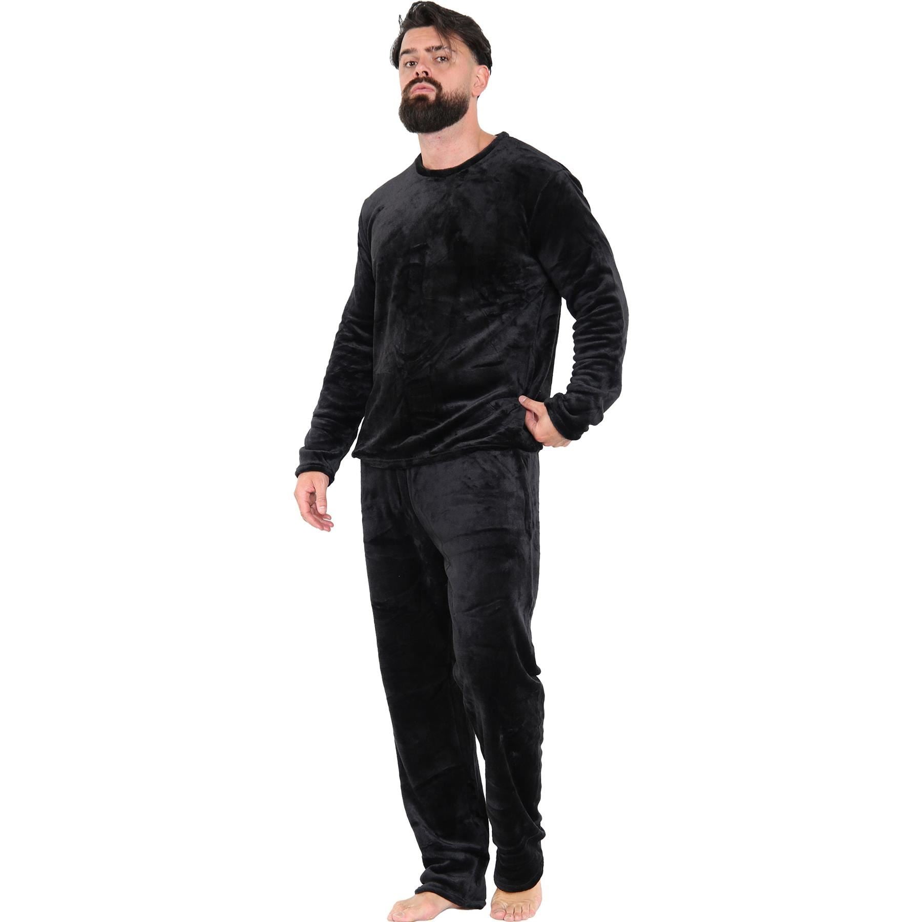 Mens Pyjamas Set Long Sleeve Crew Neck Plain Soft Fleece Pyjamas Set