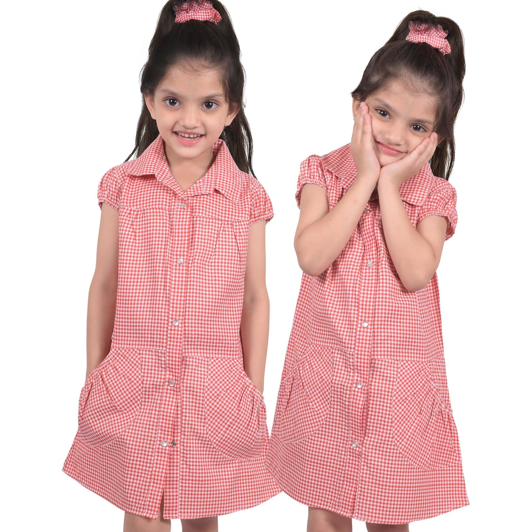 Girls Gingham School Dress Pack Of 2 Check Print Dresses With Matching Scrunchie