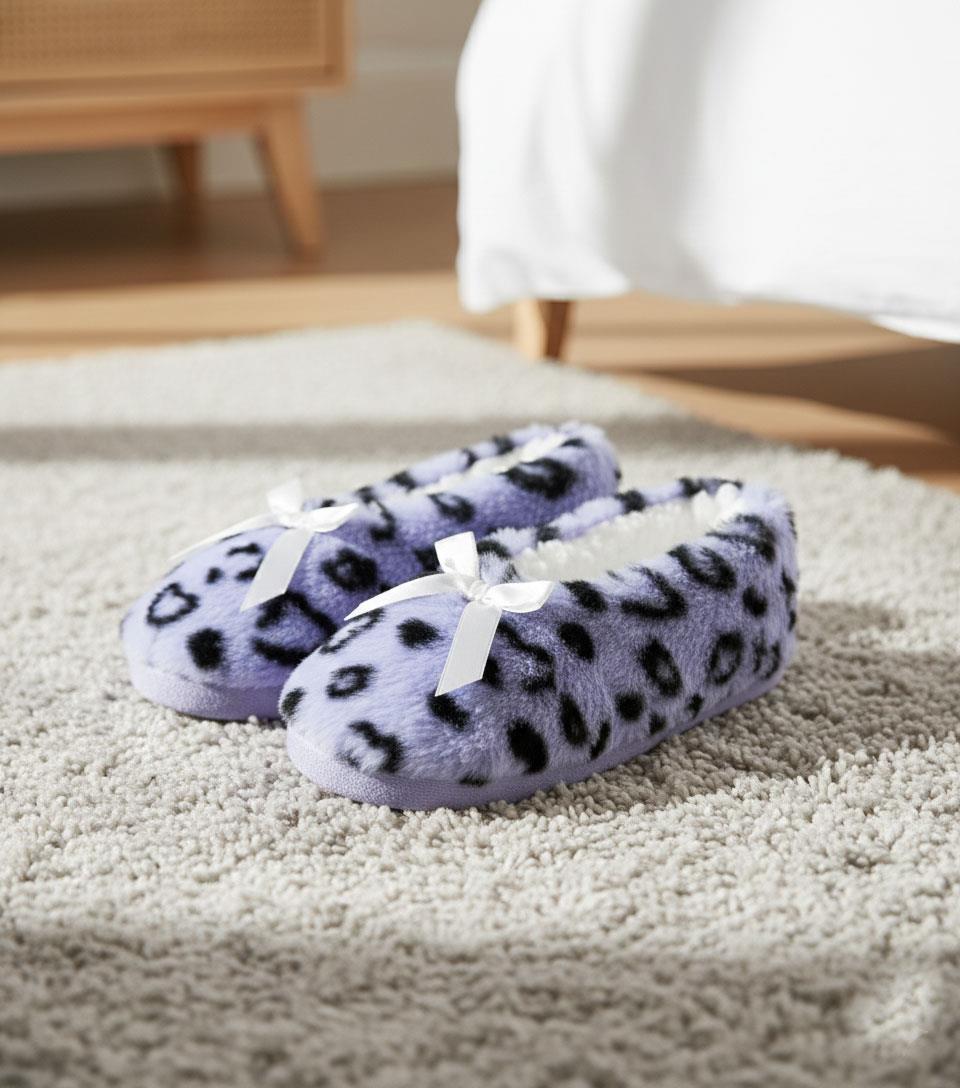 Ladies Heart Print Slipperette FleeceSlippers Socks Faux Fur Lining UK 4-8