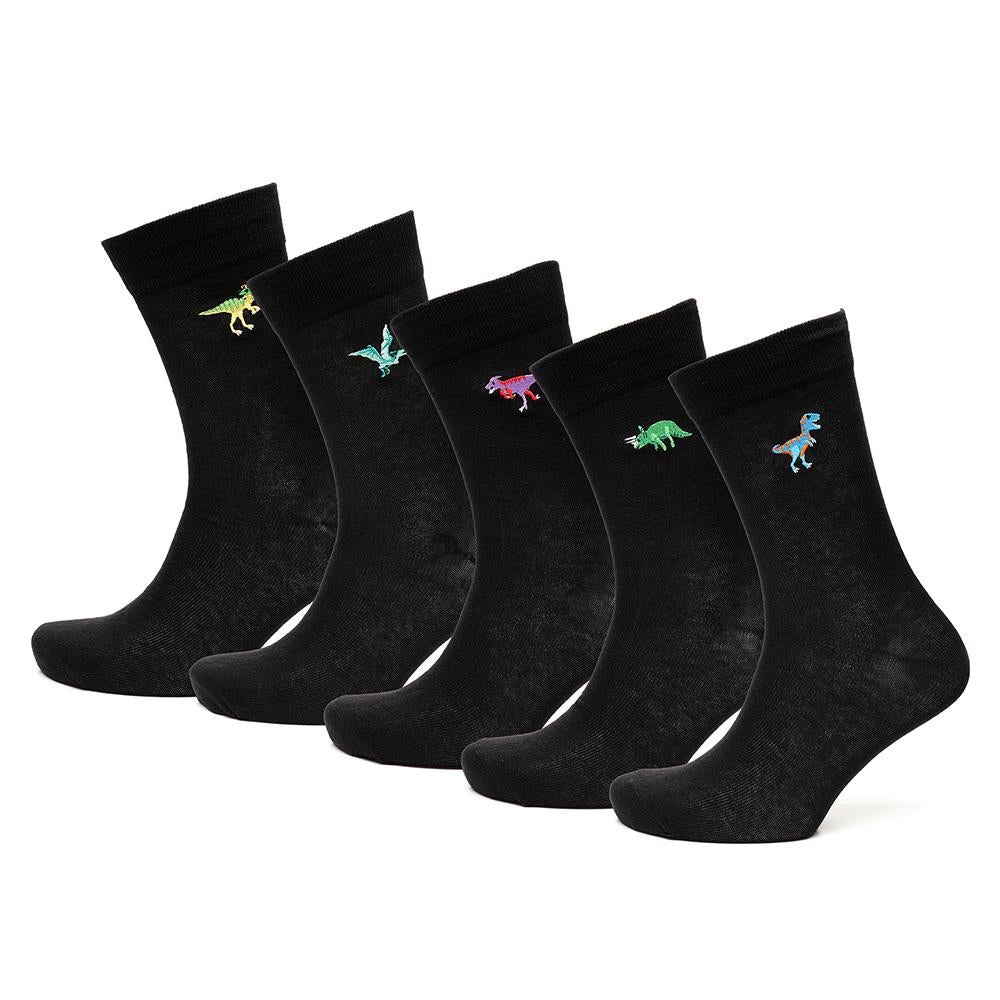 Mens Crew Embroidered Football and Dino Pack of 5 Rich Cotton Comfortable Socks