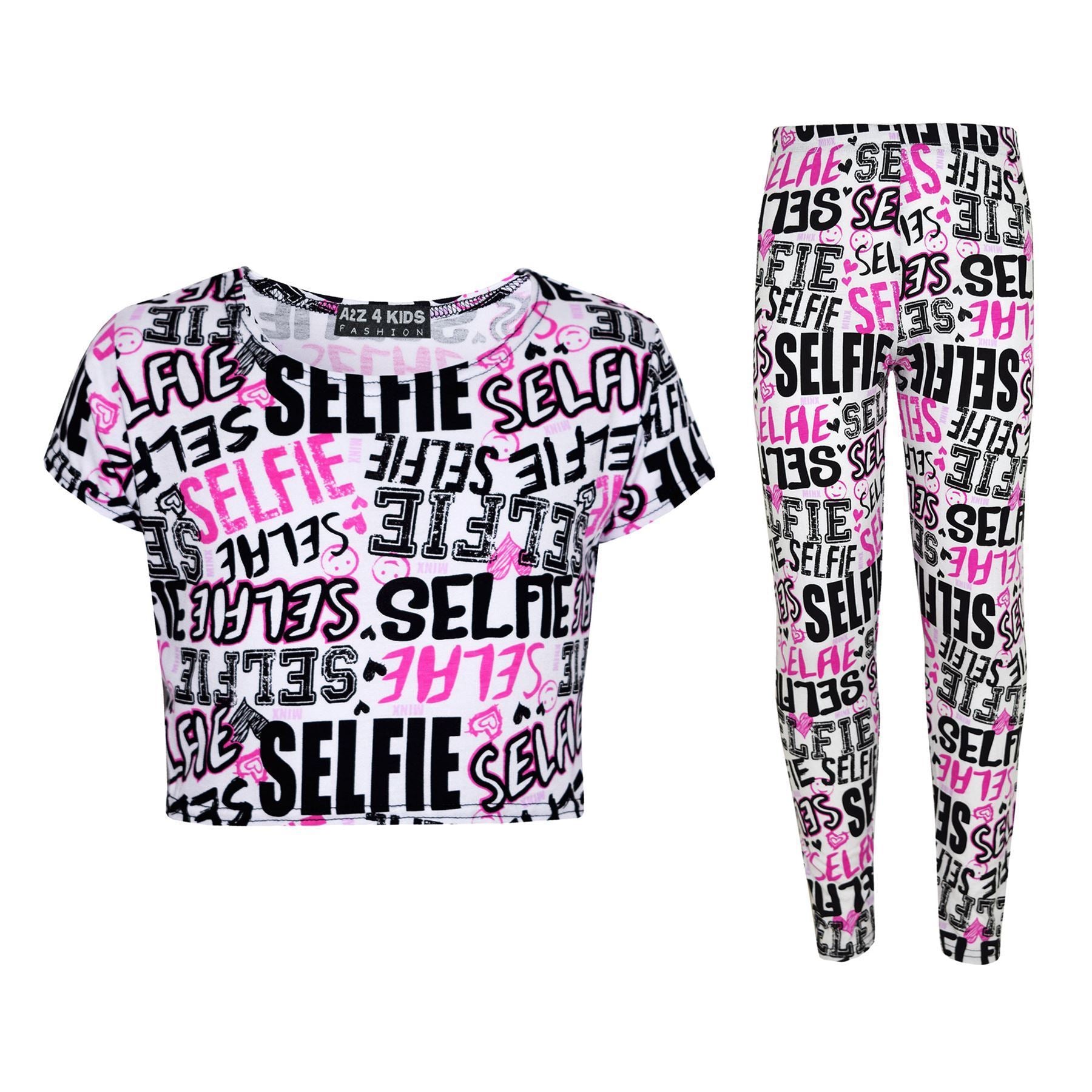 Kids Girls Selfie Graffiti Print Crop Top & Legging Set