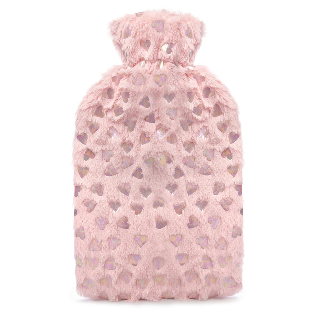 A2Z Hot Water Bottle 2L Metalic Heart & Stars Plush Fleece Cover Hot Water Bag