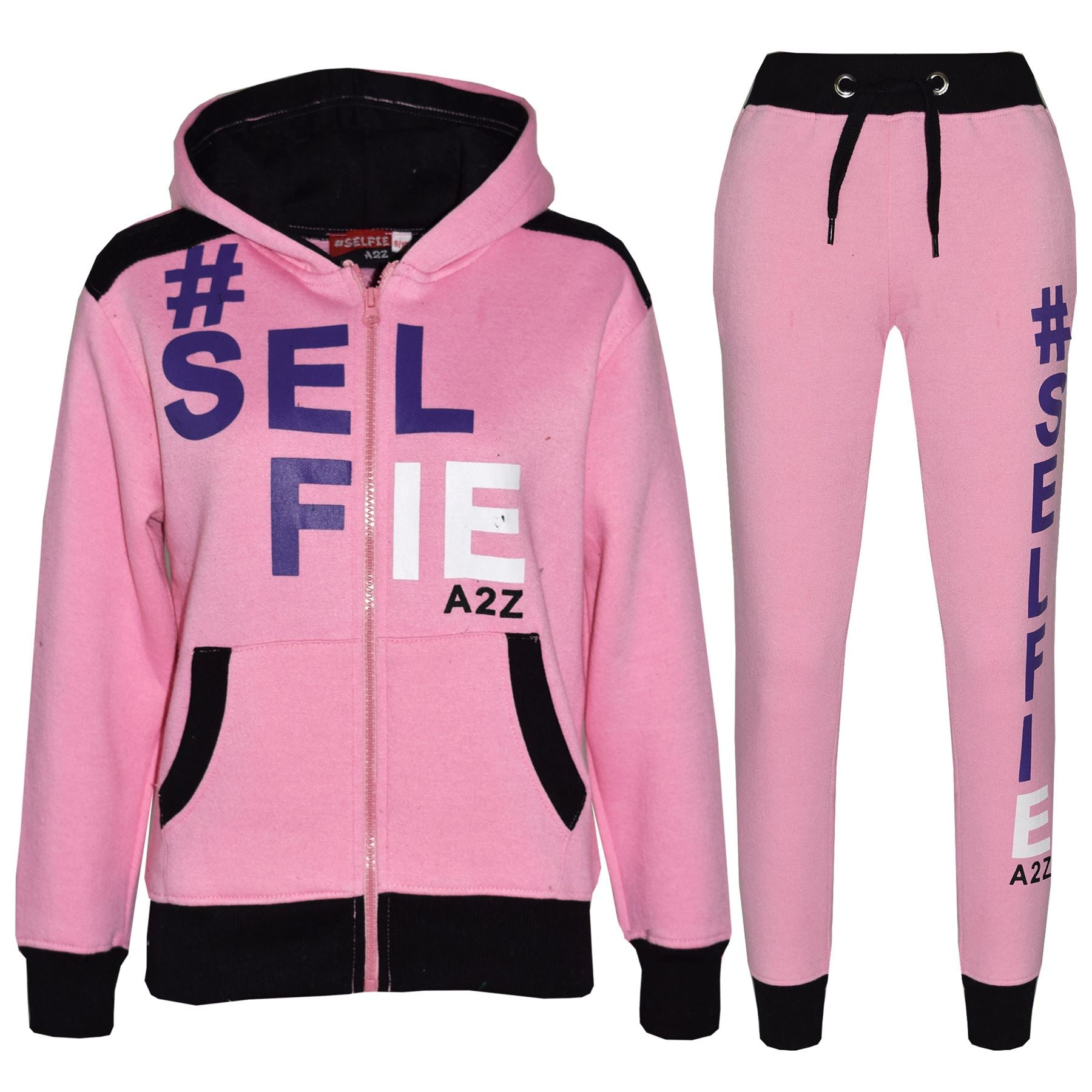 A2Z 4 Kids Girls Boys #SELFIE Tracksuit Hoodie & Joggers Outfit Set Top Bottom