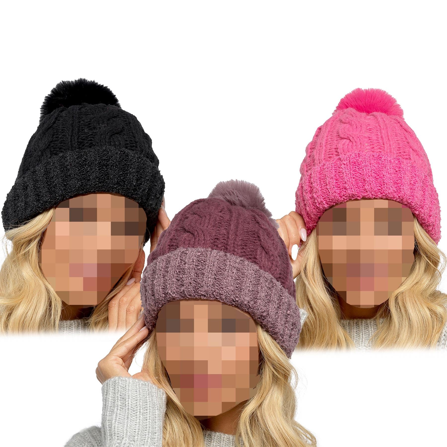 A2Z Ladies Hats Cable Chunky Bobble Knit Pom Pom Winter Warm Cozy Women Caps