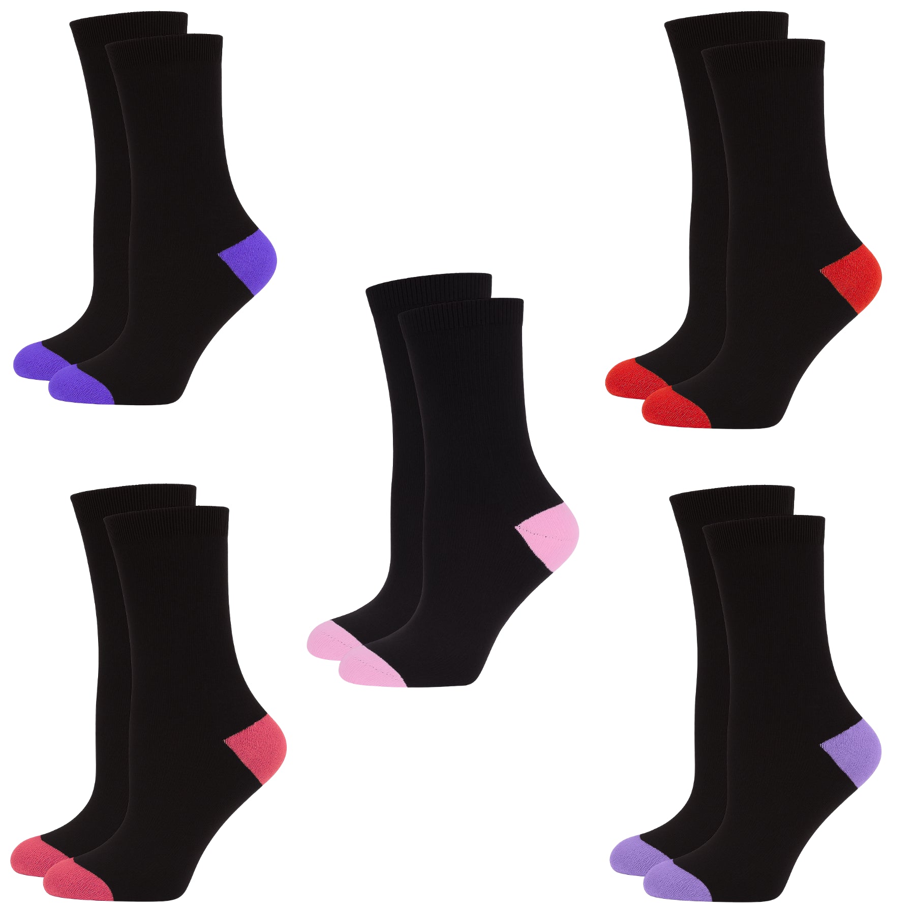 Women Plain Cotton Crew Socks Multipack Contrast Heel Toe Casual Ladies Socks