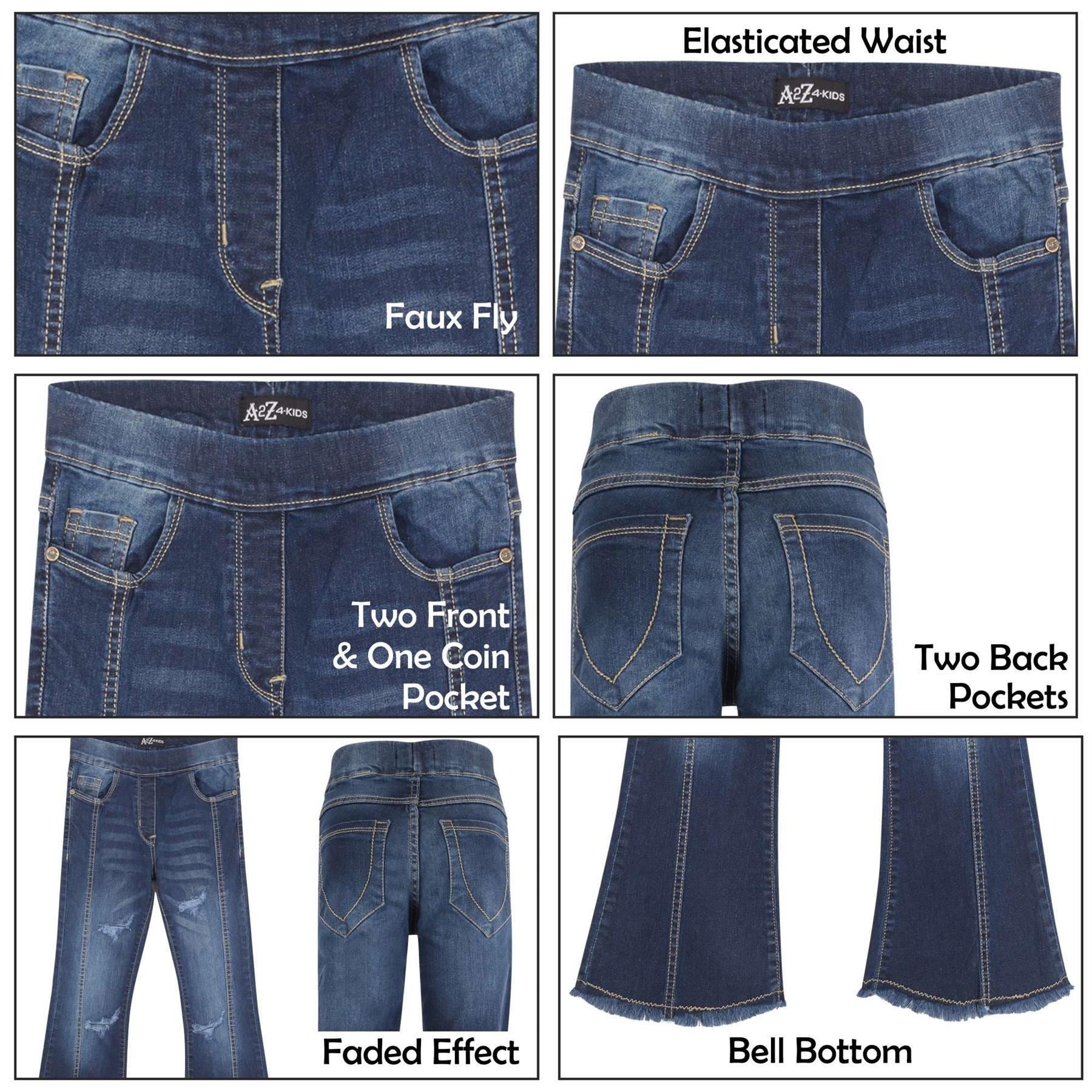 A2Z 4 Kids Girls Denim Jeans Stretchy Dark Bue Flared Ripped Bell Bottom Pants